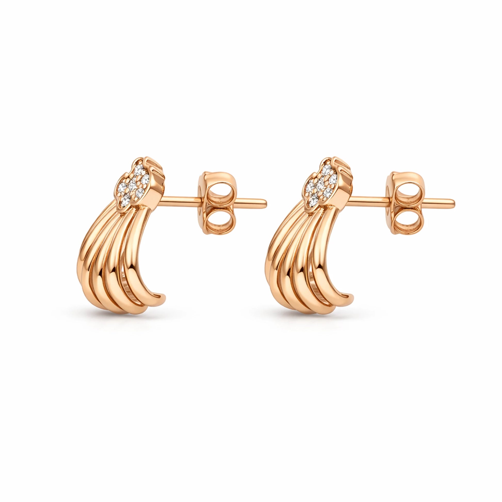 Side view of gold shell-shaped stud earrings showing post and butterfly closure on white background