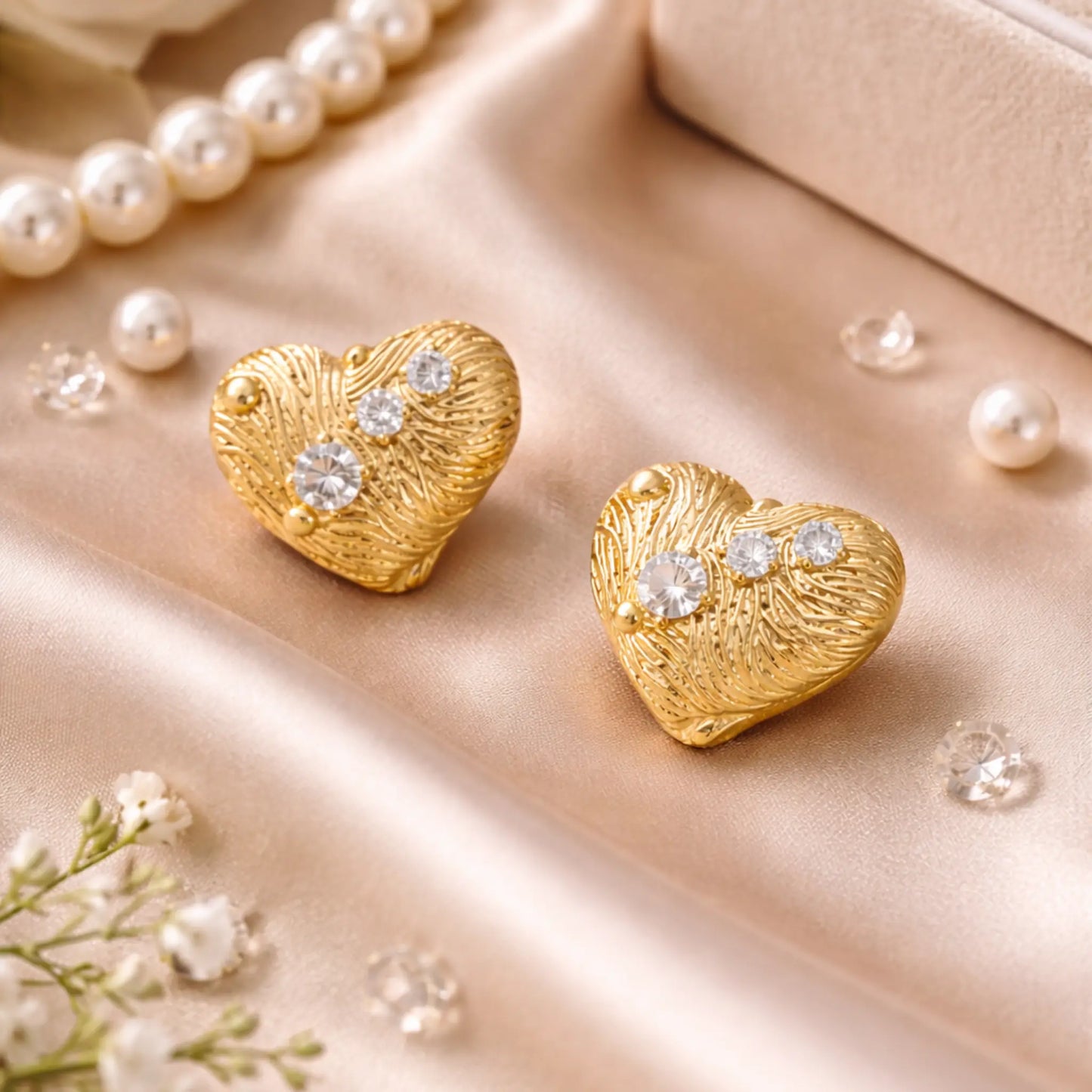 Anti-tarnish gold plated heart-shaped stud earrings styled on satin fabric with pearls for an elegant jewelry look