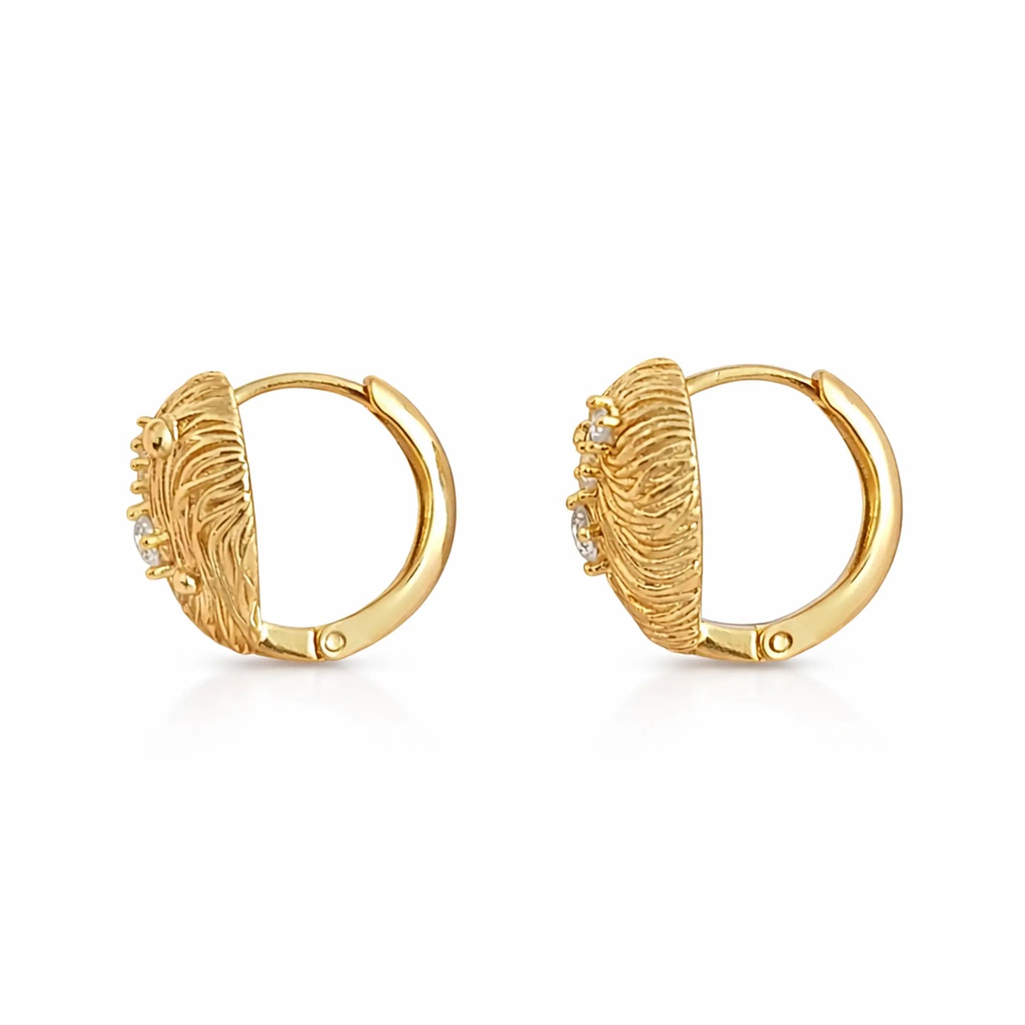 Side view of anti-tarnish gold plated heart-shaped stud earrings showing textured detailing and secure clasp closure