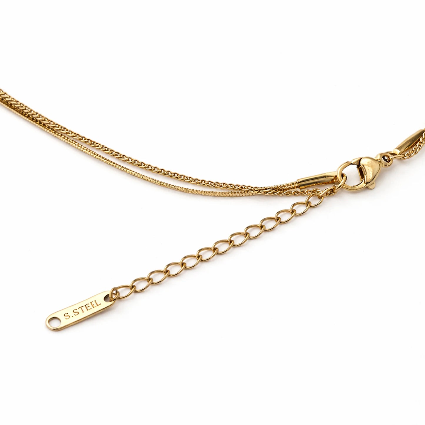 Gold plated necklace clasp and adjustable extension chain detail in stainless steel