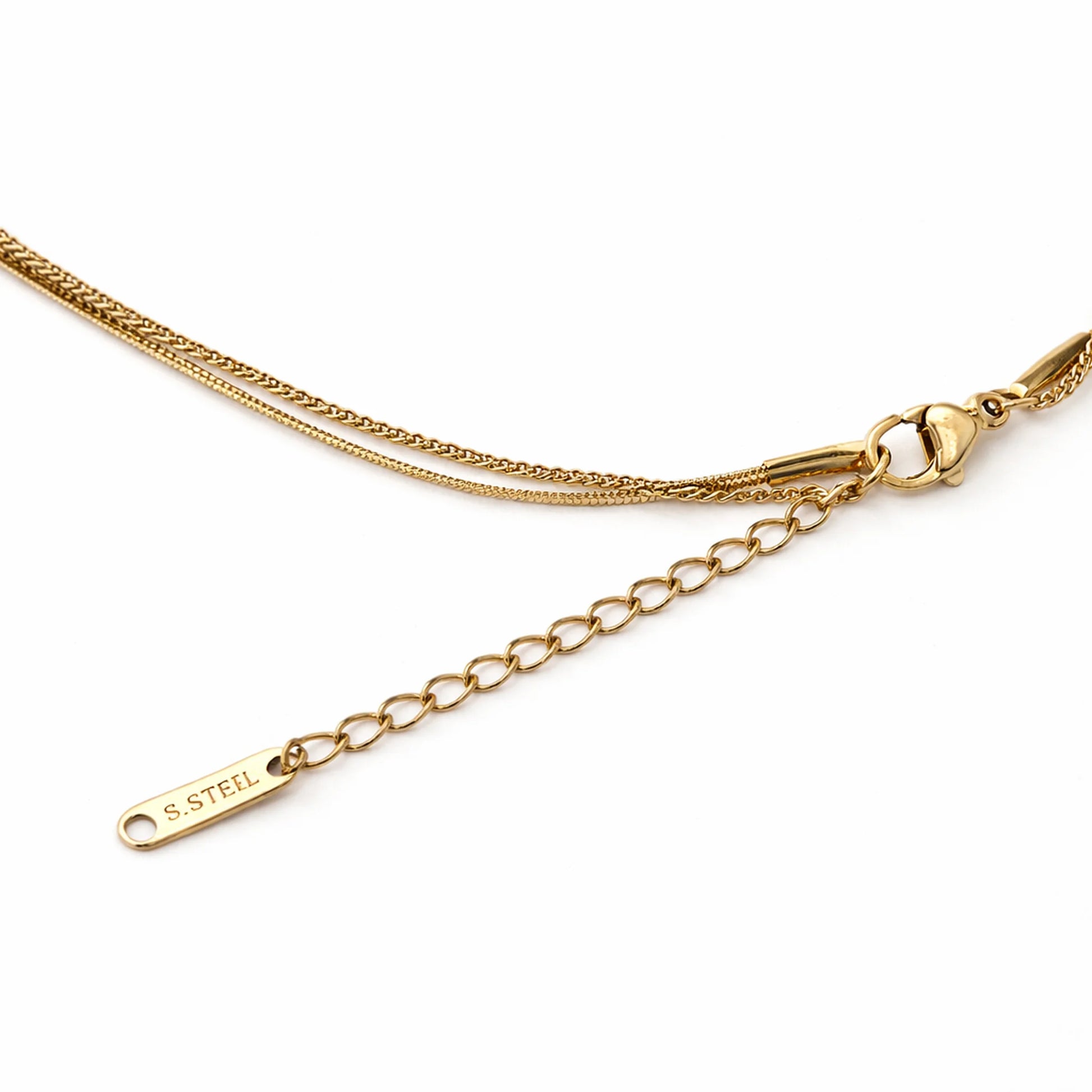 Gold plated necklace clasp and adjustable extension chain detail in stainless steel