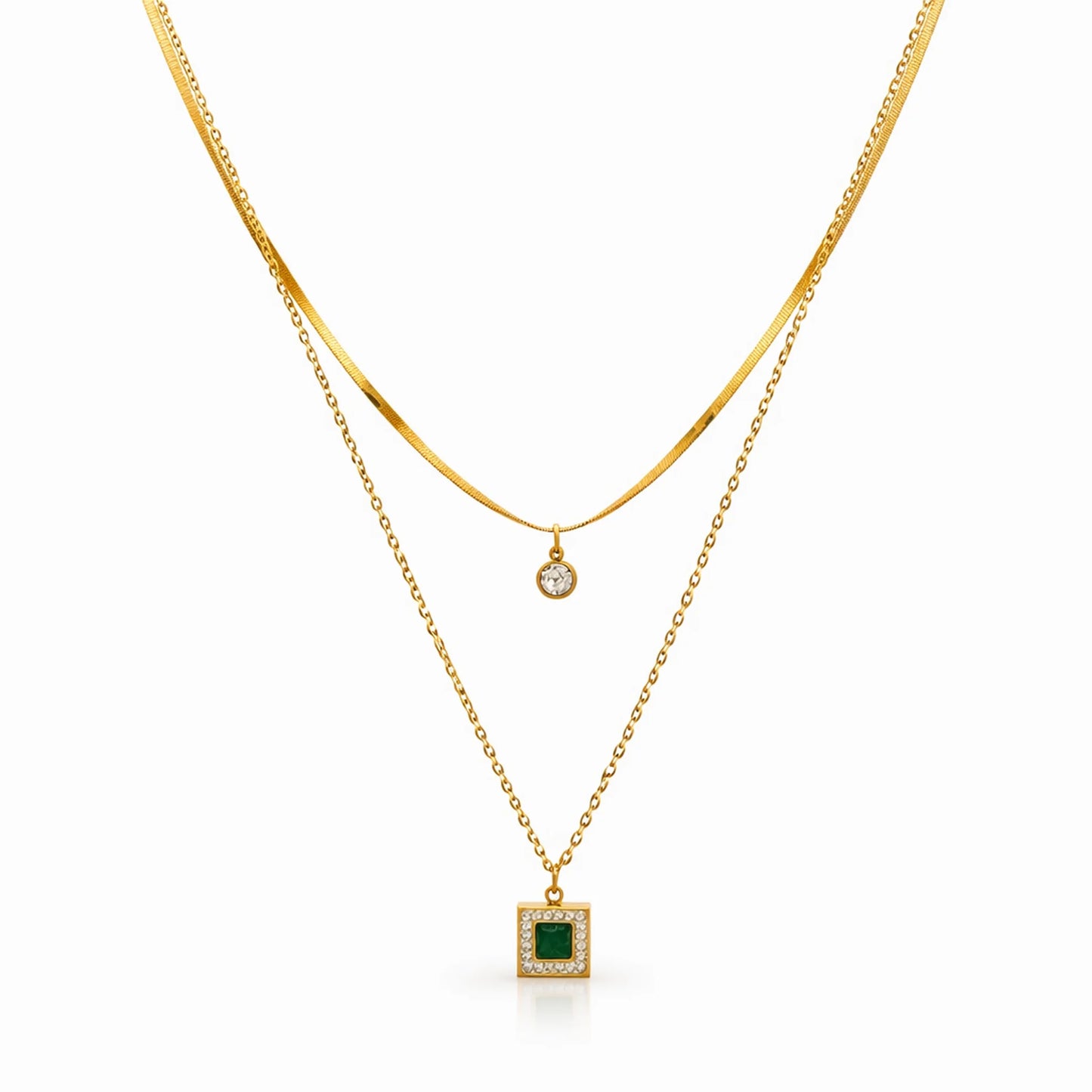 Double layer gold plated necklace with snake chain and sleek chain featuring green square stone pendant and crystal detailing