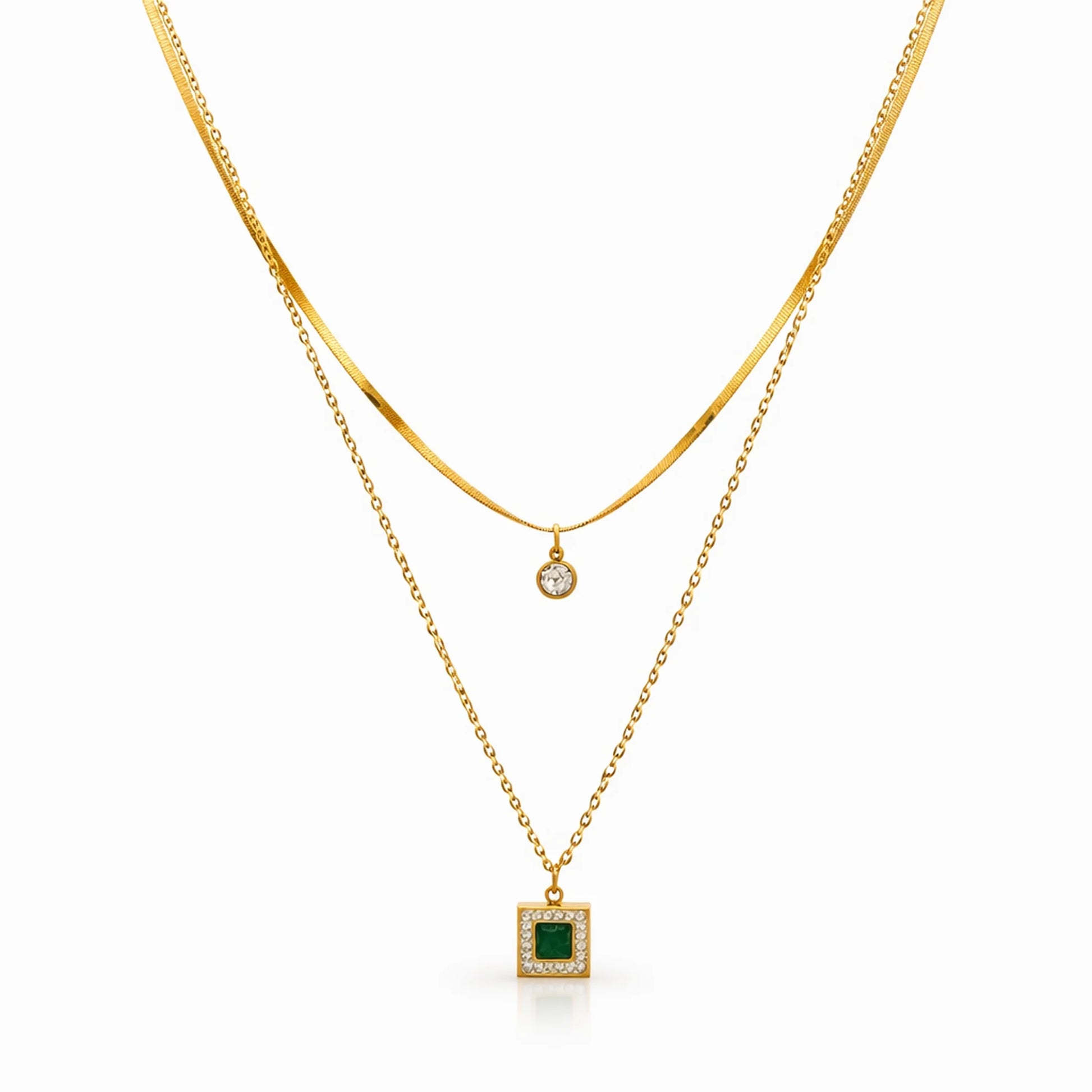 Double layer gold plated necklace with snake chain and sleek chain featuring green square stone pendant and crystal detailing