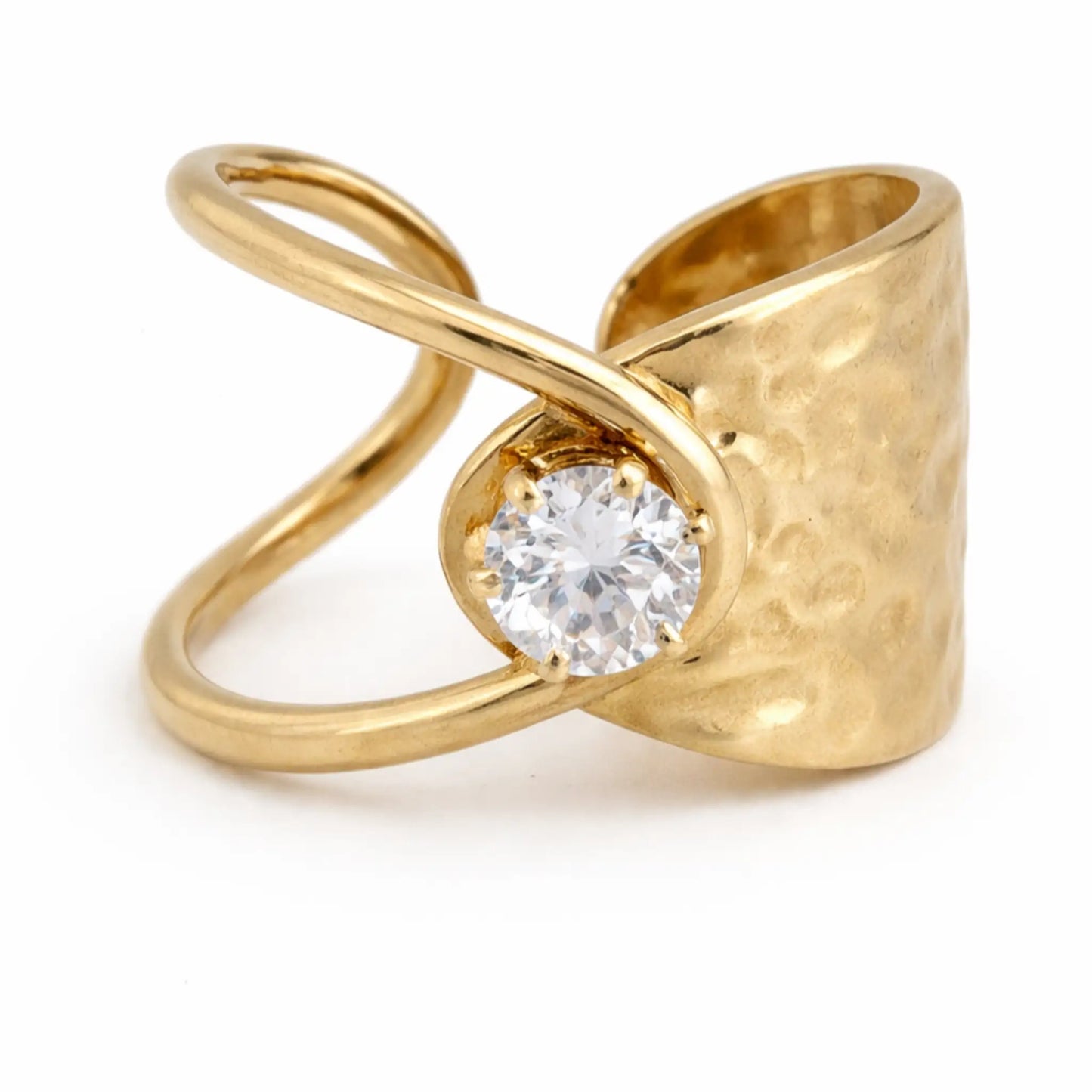 Close-up of YUBIRAA gold adjustable ring featuring hammered texture and round solitaire crystal with prong setting