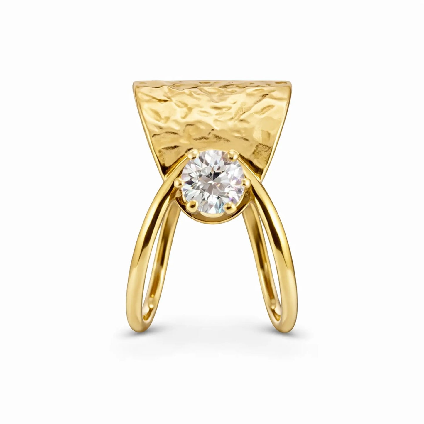 Top view of YUBIRAA gold solitaire ring highlighting hammered surface and modern wrap design
