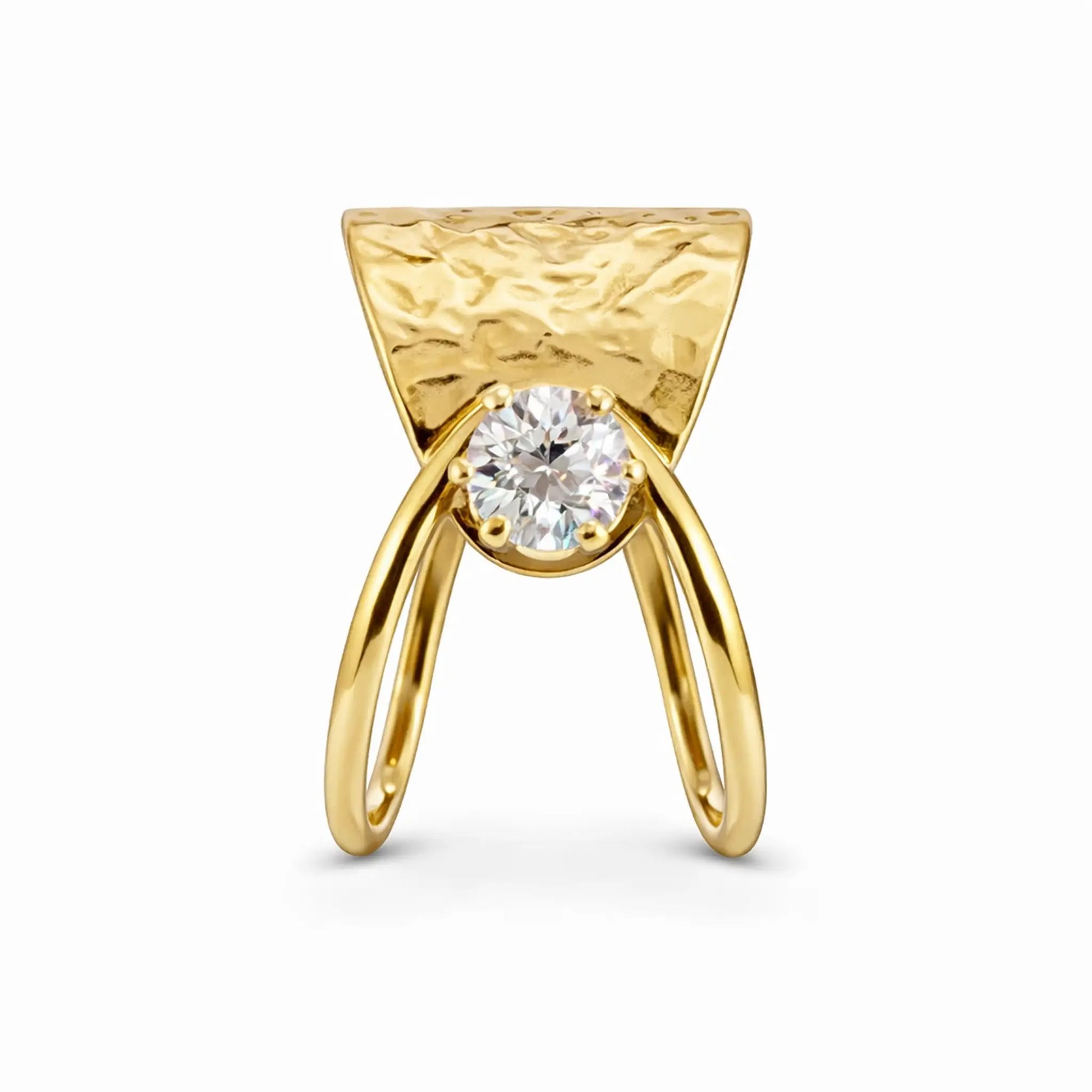 Top view of YUBIRAA gold solitaire ring highlighting hammered surface and modern wrap design