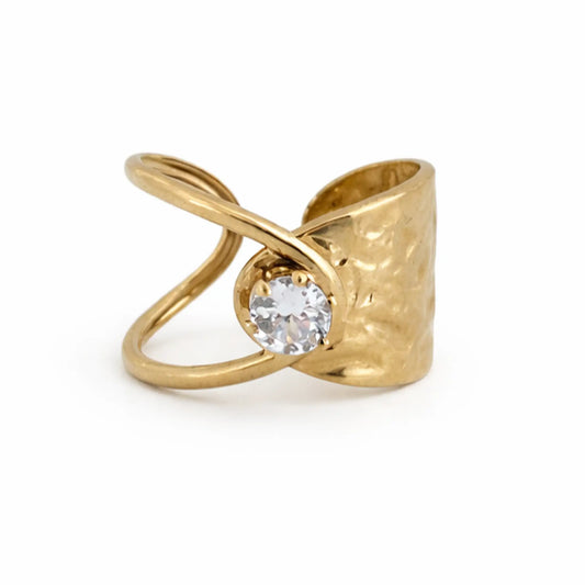 YUBIRAA adjustable gold solitaire ring with hammered wide band and round crystal centerpiece, 18k gold plated anti-tarnish finish