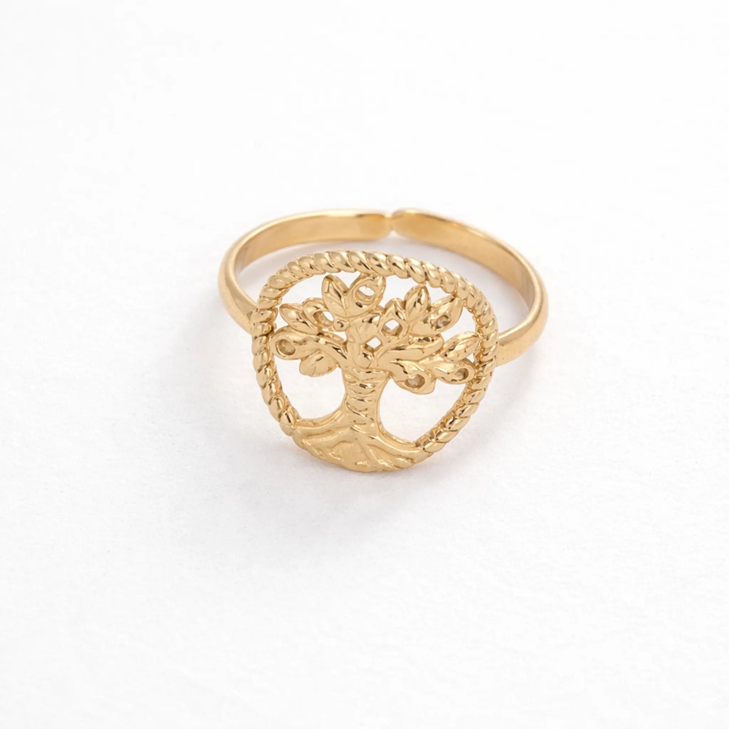 Gold adjustable tree of life ring showcasing detailed leaf and branch design