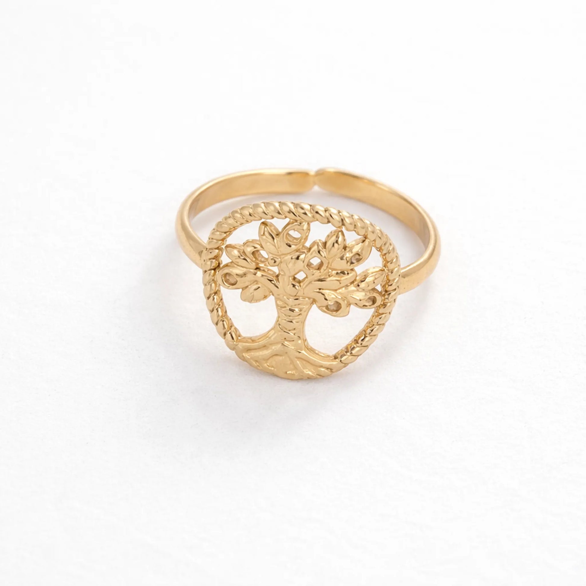 Gold adjustable tree of life ring showcasing detailed leaf and branch design
