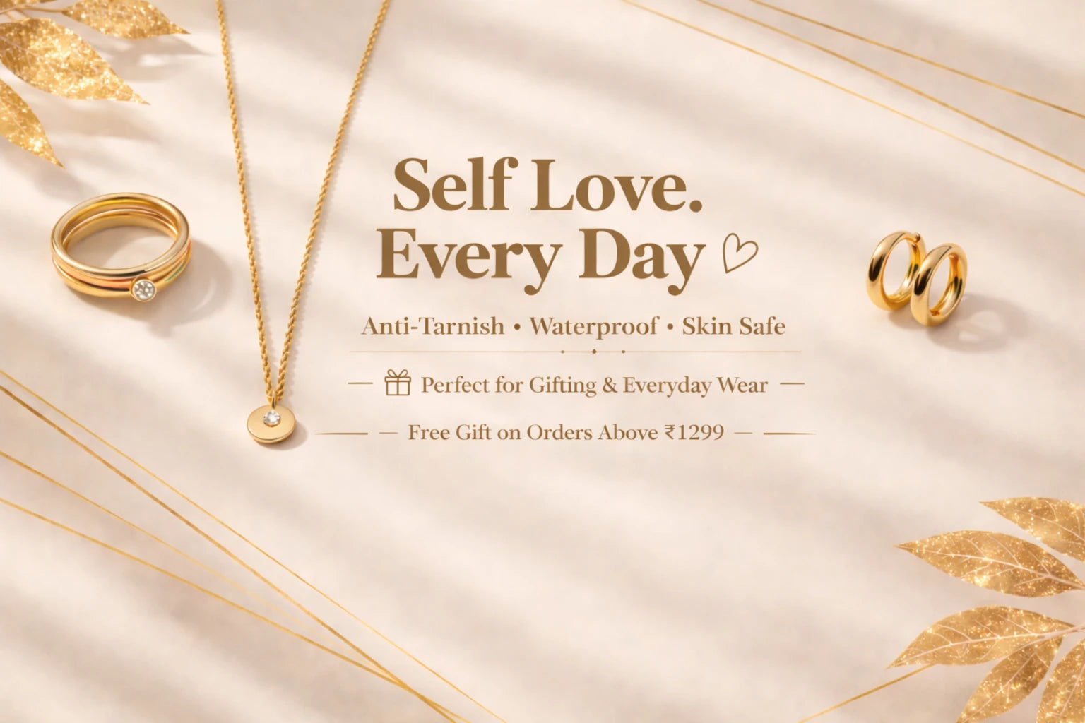 yubiraa anti tarnish jewellery main banner image with features like anti tarnish waterproof skin safe and free gift on orders above Rs.1299/- text