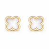 Yubiraa white clover stud earrings with gold plated finish, anti tarnish floral design front view on white background