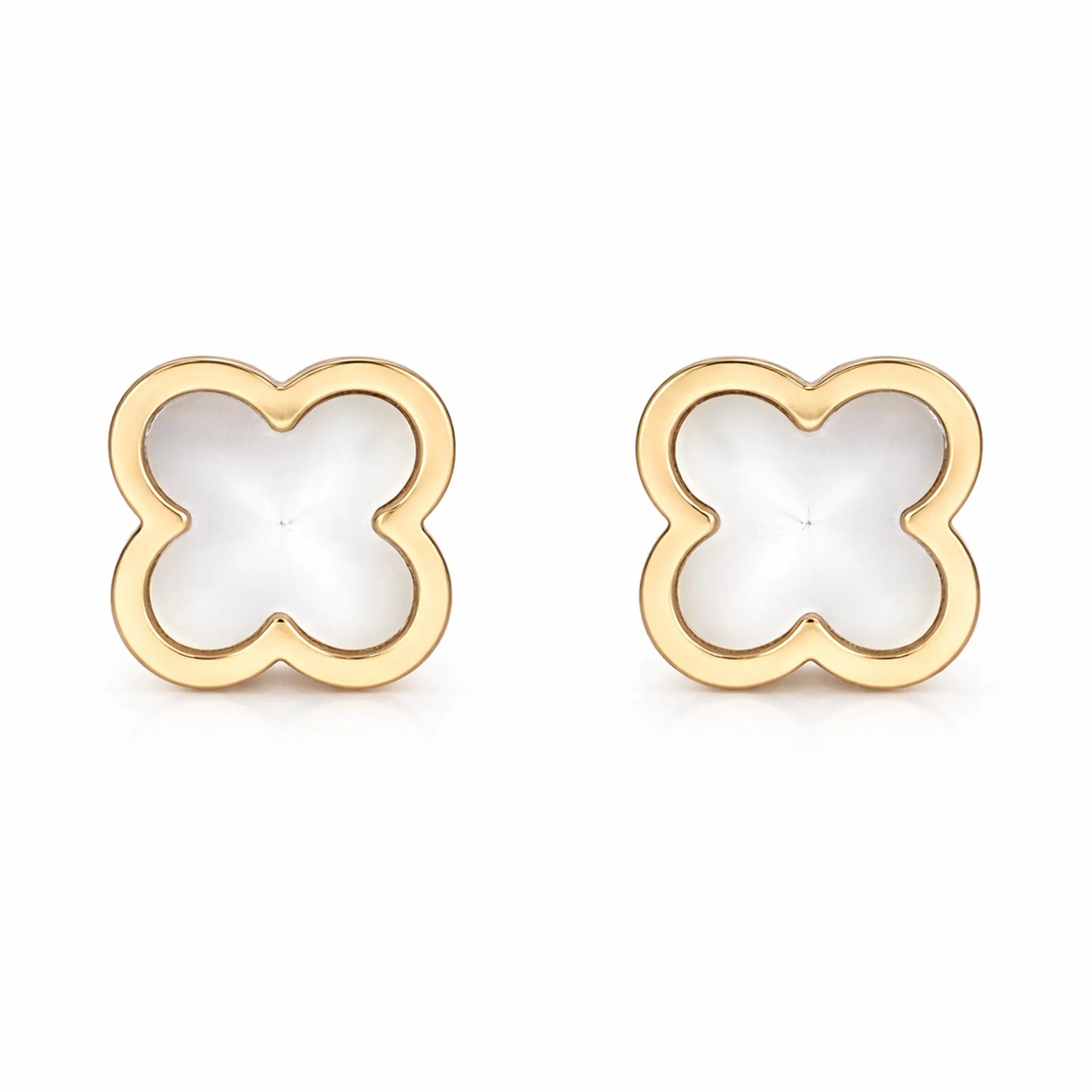 Yubiraa white clover stud earrings with gold plated finish, anti tarnish floral design front view on white background