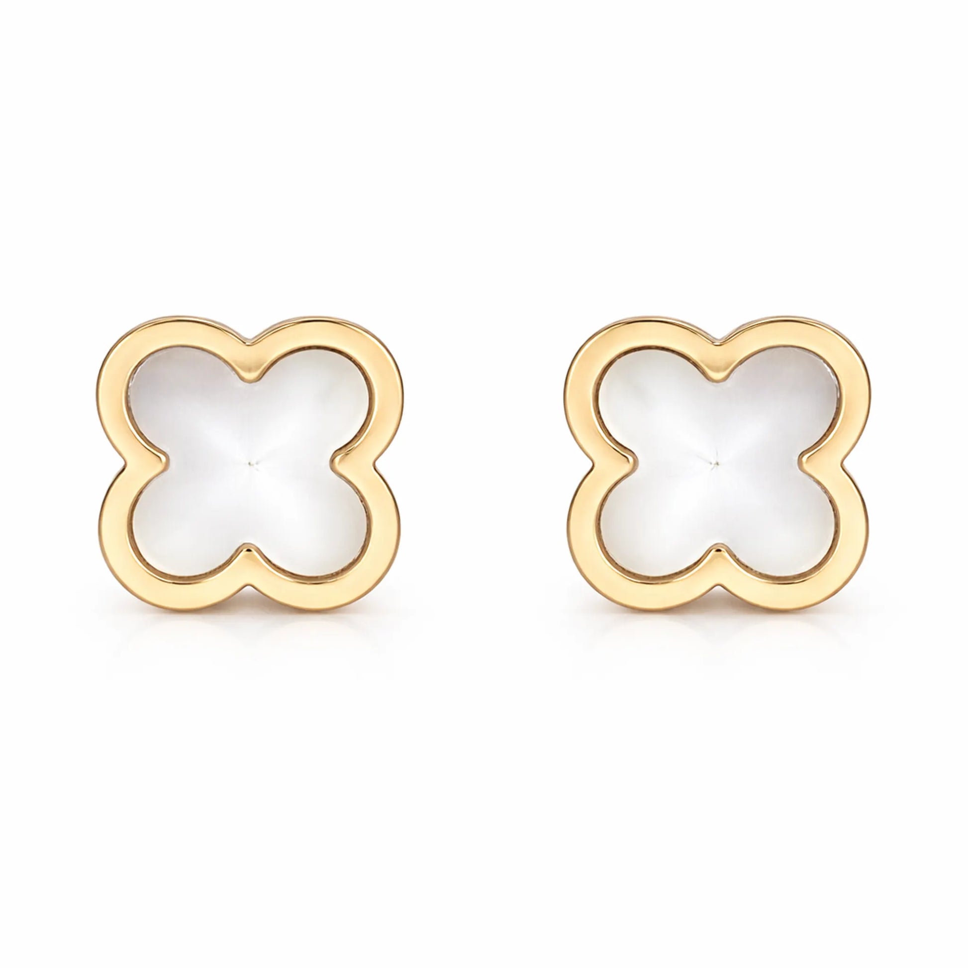 Yubiraa white clover stud earrings with gold plated finish, anti tarnish floral design front view on white background