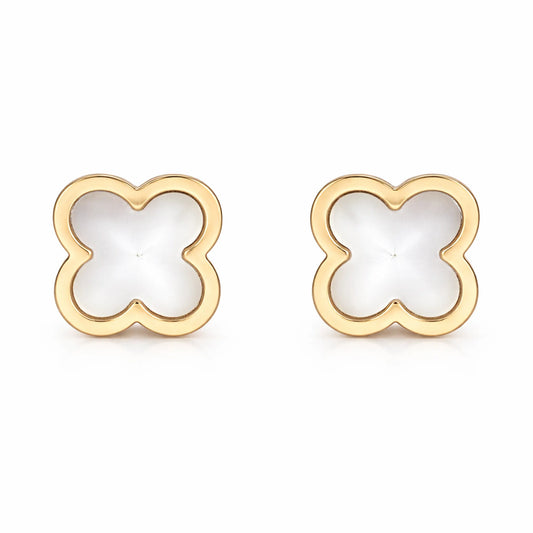 Yubiraa white clover stud earrings with gold plated finish, anti tarnish floral design front view on white background