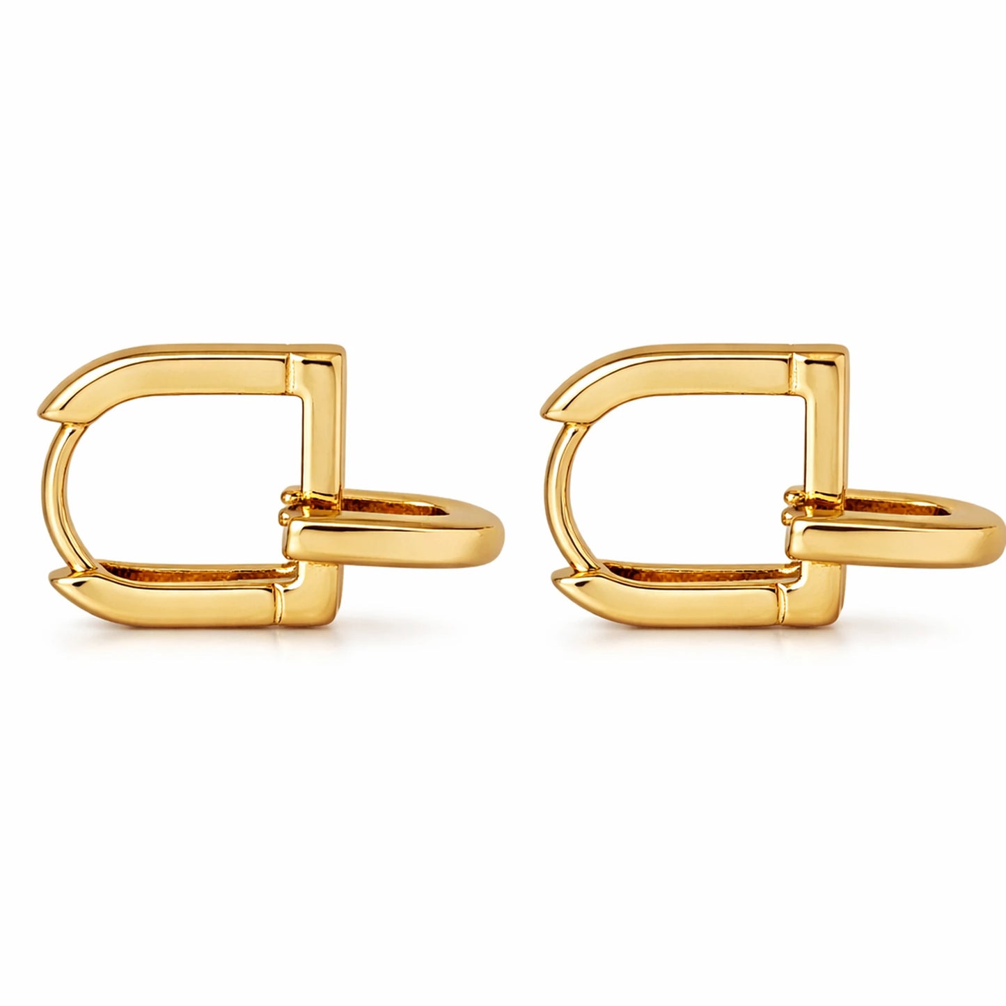 YUBIRAA Glowlock gold-plated U-shaped earrings back view showing secure hinged clasp and polished finish on white background