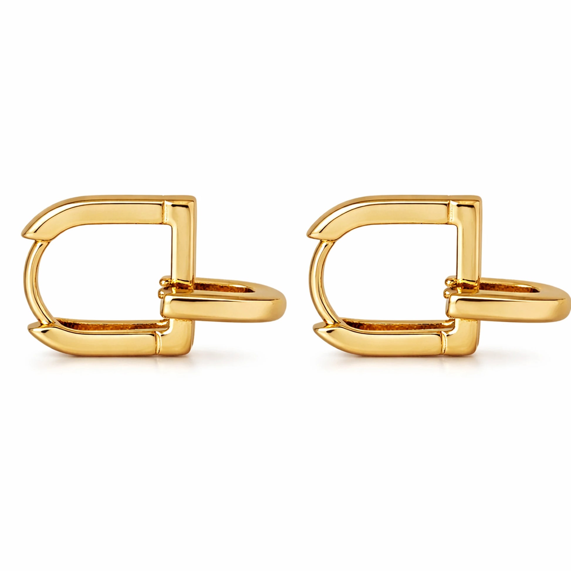 YUBIRAA Glowlock gold-plated U-shaped earrings back view showing secure hinged clasp and polished finish on white background
