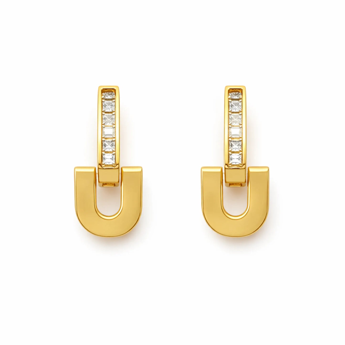 YUBIRAA Glowlock gold-plated U-shaped earrings front view with crystal-studded vertical bar on clean white background