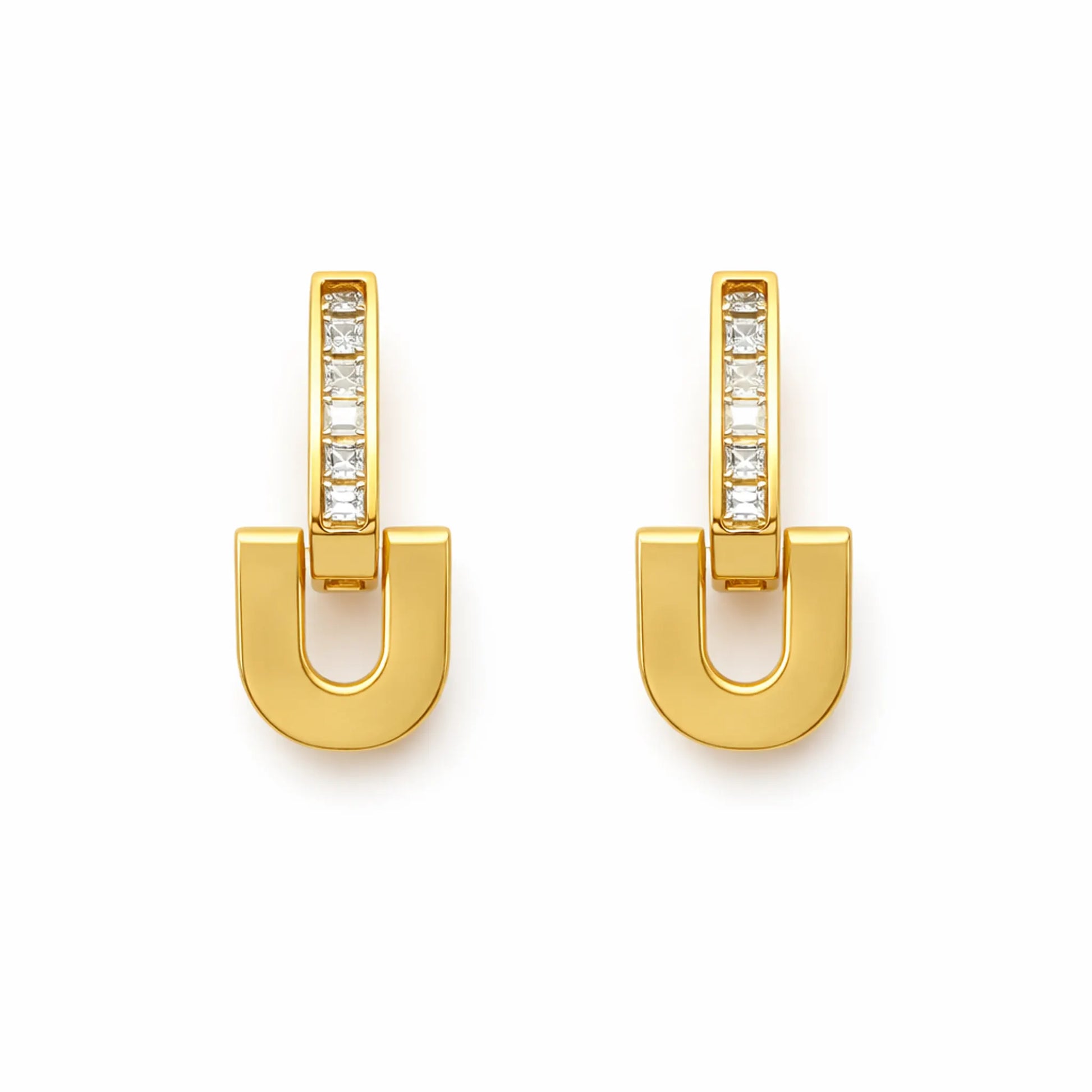YUBIRAA Glowlock gold-plated U-shaped earrings front view with crystal-studded vertical bar on clean white background