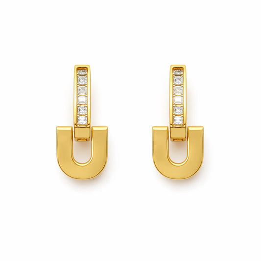 YUBIRAA Glowlock gold-plated U-shaped earrings front view with crystal-studded vertical bar on clean white background