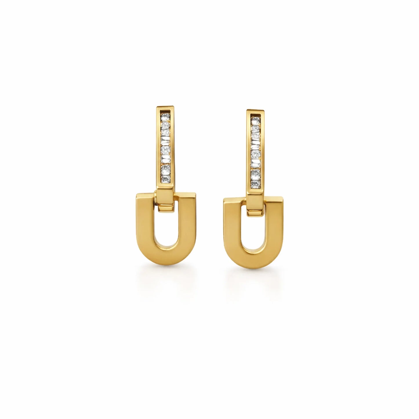 view of YUBIRAA Glowlock gold-plated U-shaped earrings highlighting crystal bar design and smooth polished finish