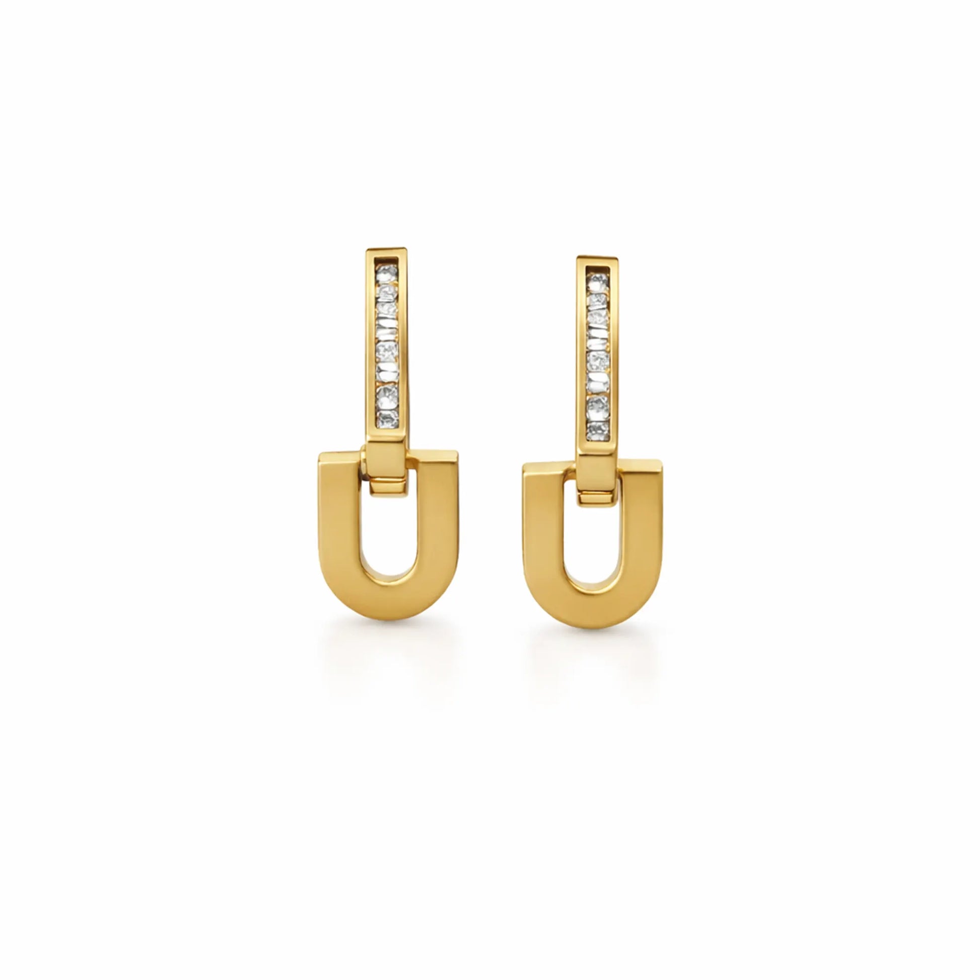 view of YUBIRAA Glowlock gold-plated U-shaped earrings highlighting crystal bar design and smooth polished finish