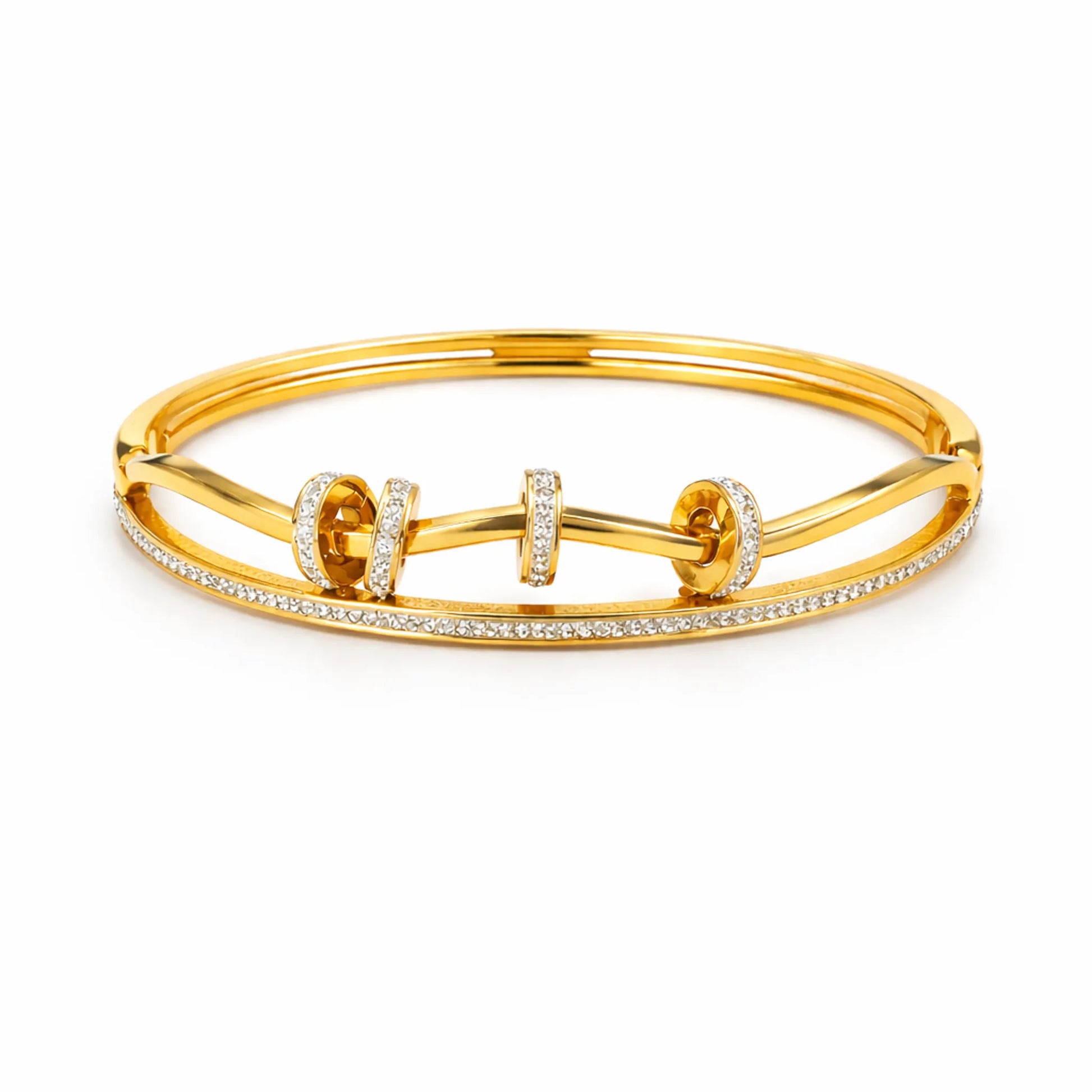 Gold bracelet with circular design on a white background. YUBIRAA Dual Spark Loop Gold Bracelet with dual band design and crystal loop detailing on white background