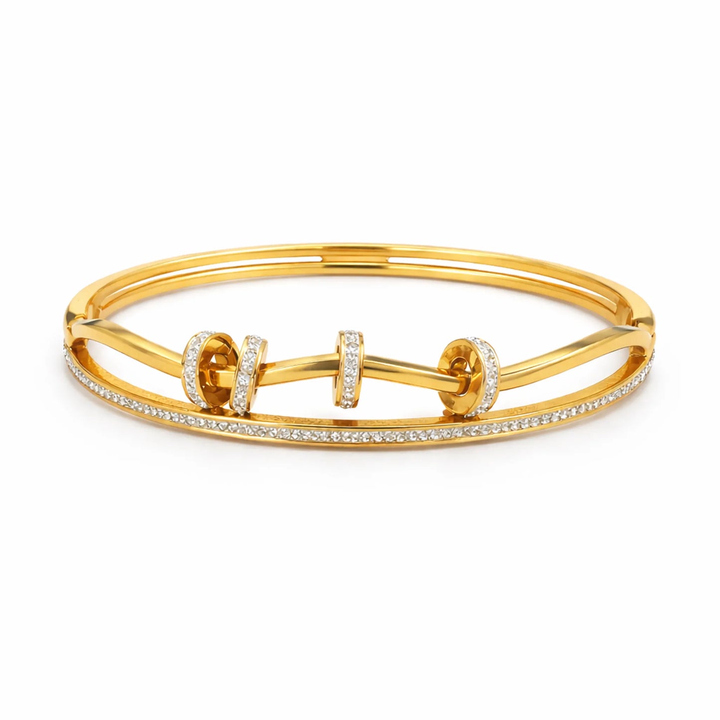 Gold bracelet with diamond accents on a white background.Angled view of YUBIRAA Dual Spark Loop Bracelet with polished gold finish and crystal accents
