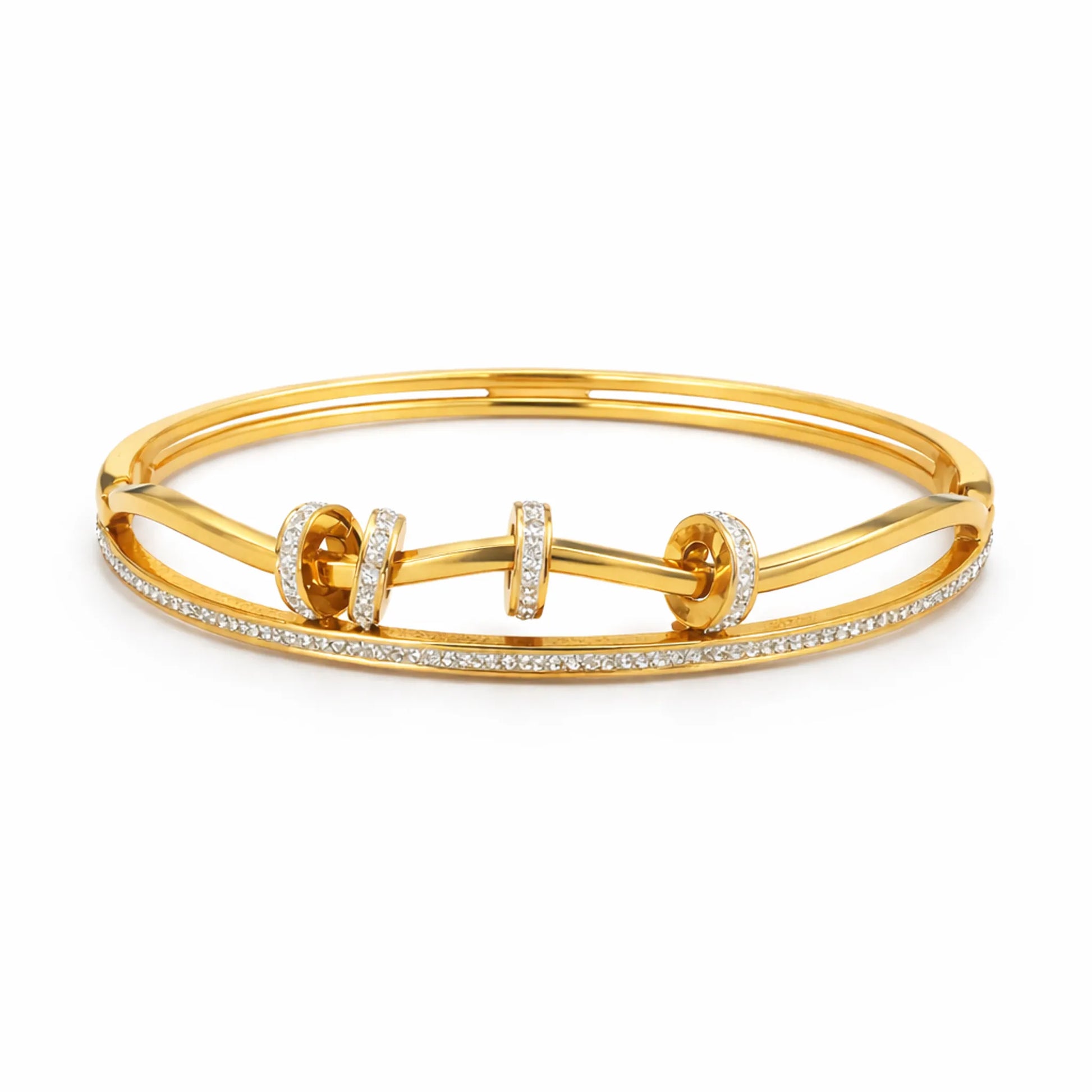 Gold bracelet with diamond accents on a white background.Angled view of YUBIRAA Dual Spark Loop Bracelet with polished gold finish and crystal accents