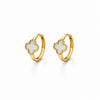 Front view of YUBIRAA Eterna Bloom hoop earrings featuring white clover design and anti tarnish gold polish