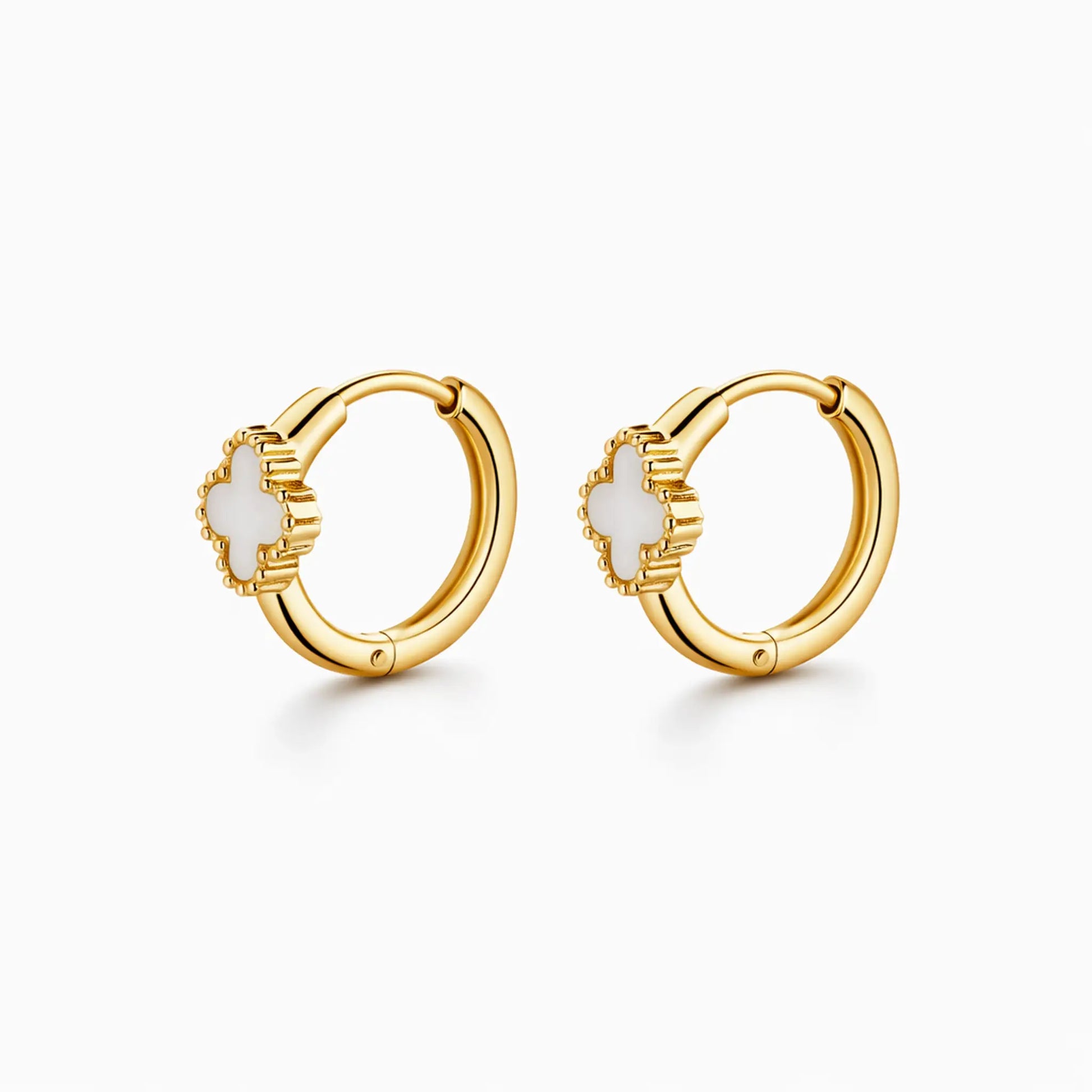 Side view of YUBIRAA Eterna Bloom hoop earrings with white clover motif and anti tarnish gold polish