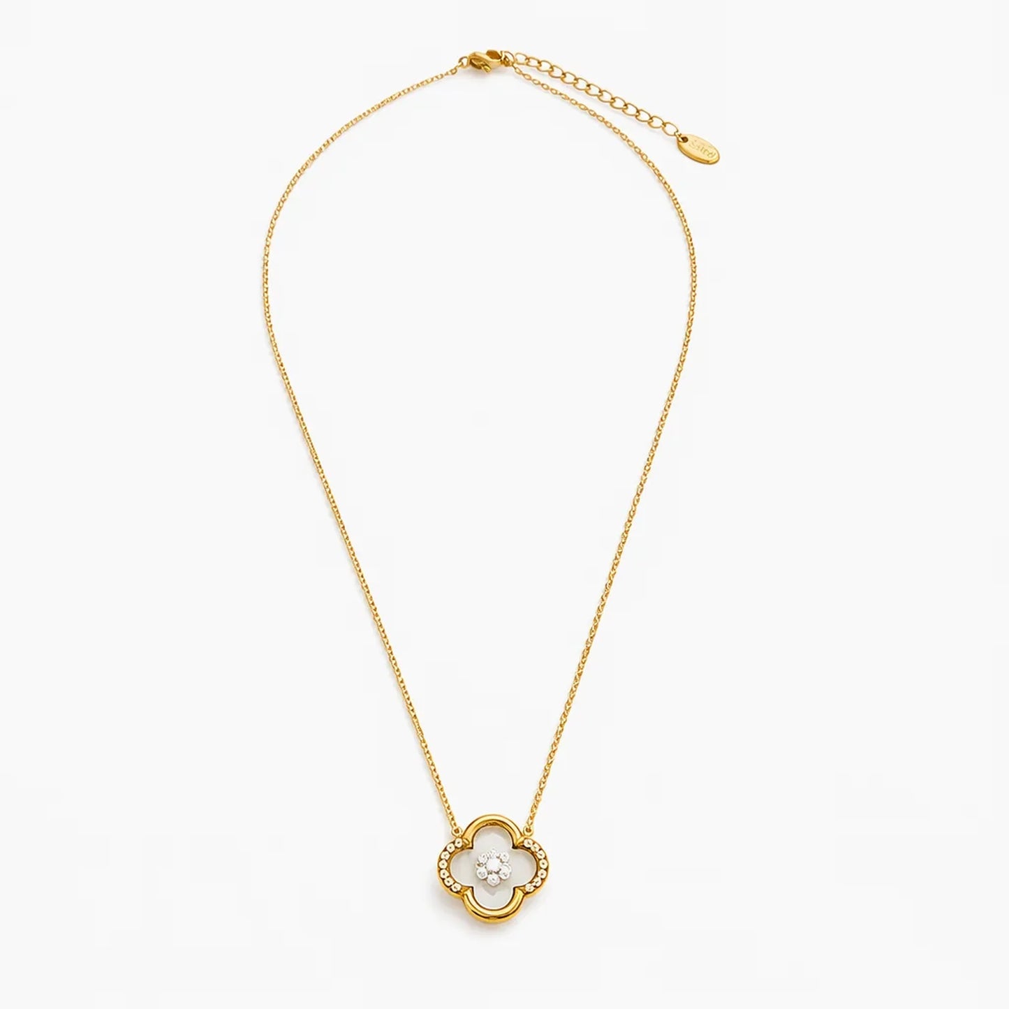 Full view of Ivory Glow Clover Necklace with chain in anti tarnish gold plated stainless steel and  clover pendant