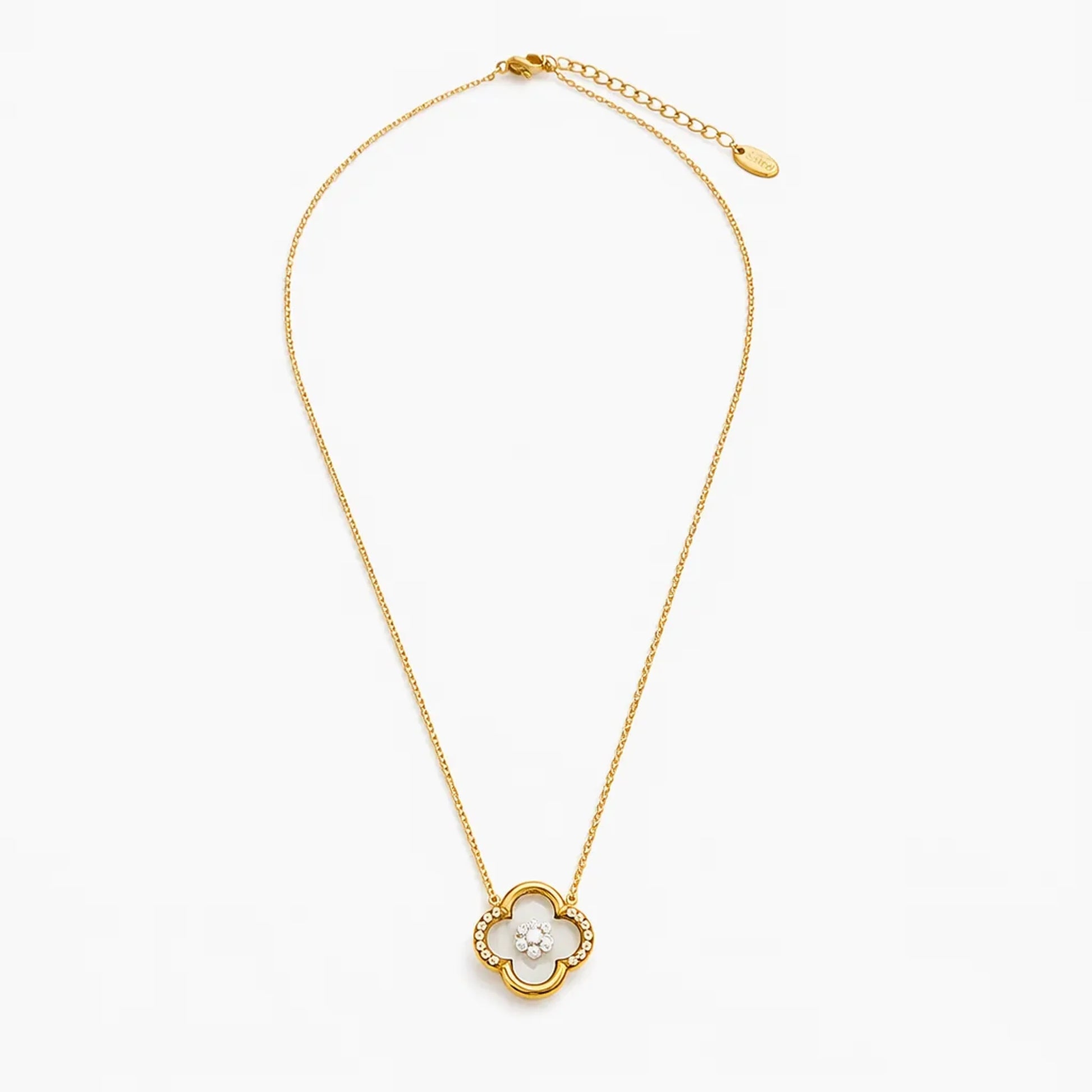 Full view of Ivory Glow Clover Necklace with chain in anti tarnish gold plated stainless steel and  clover pendant