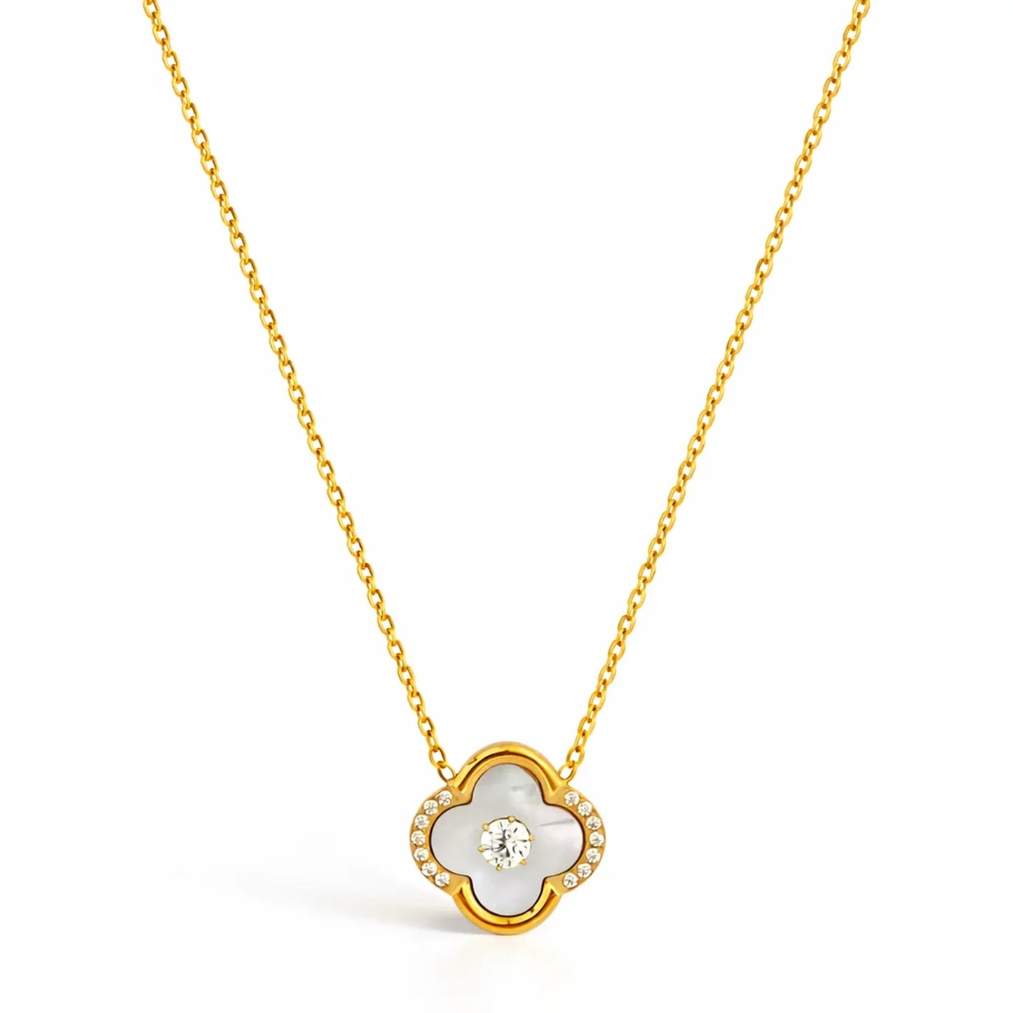 Ivory Glow Clover Necklace in anti tarnish gold plated stainless steel with clover pendant and crystal detailing