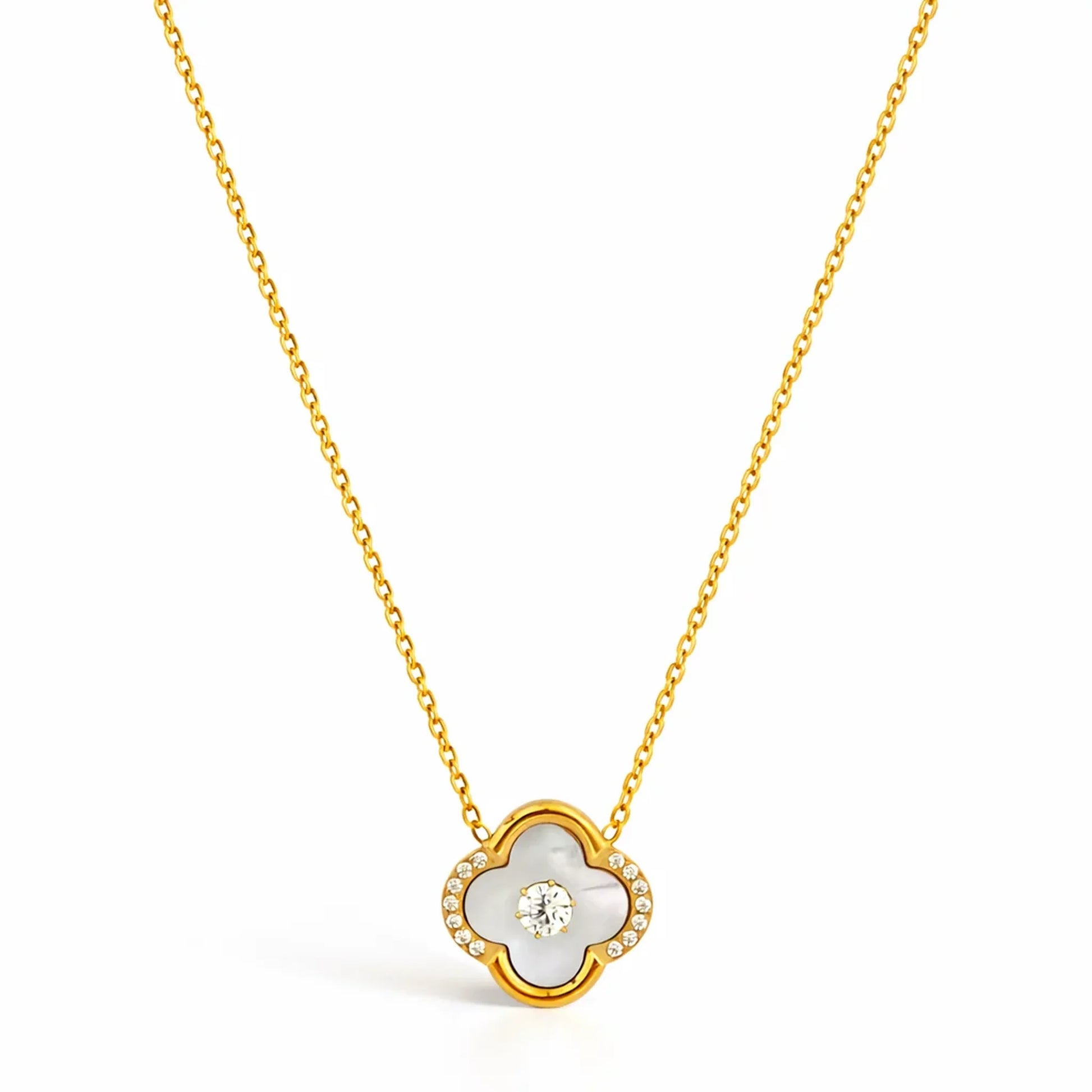 Ivory Glow Clover Necklace in anti tarnish gold plated stainless steel with clover pendant and crystal detailing