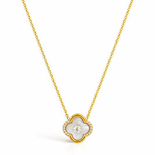 Ivory Glow Clover Necklace in anti tarnish gold plated stainless steel with clover pendant and crystal detailing