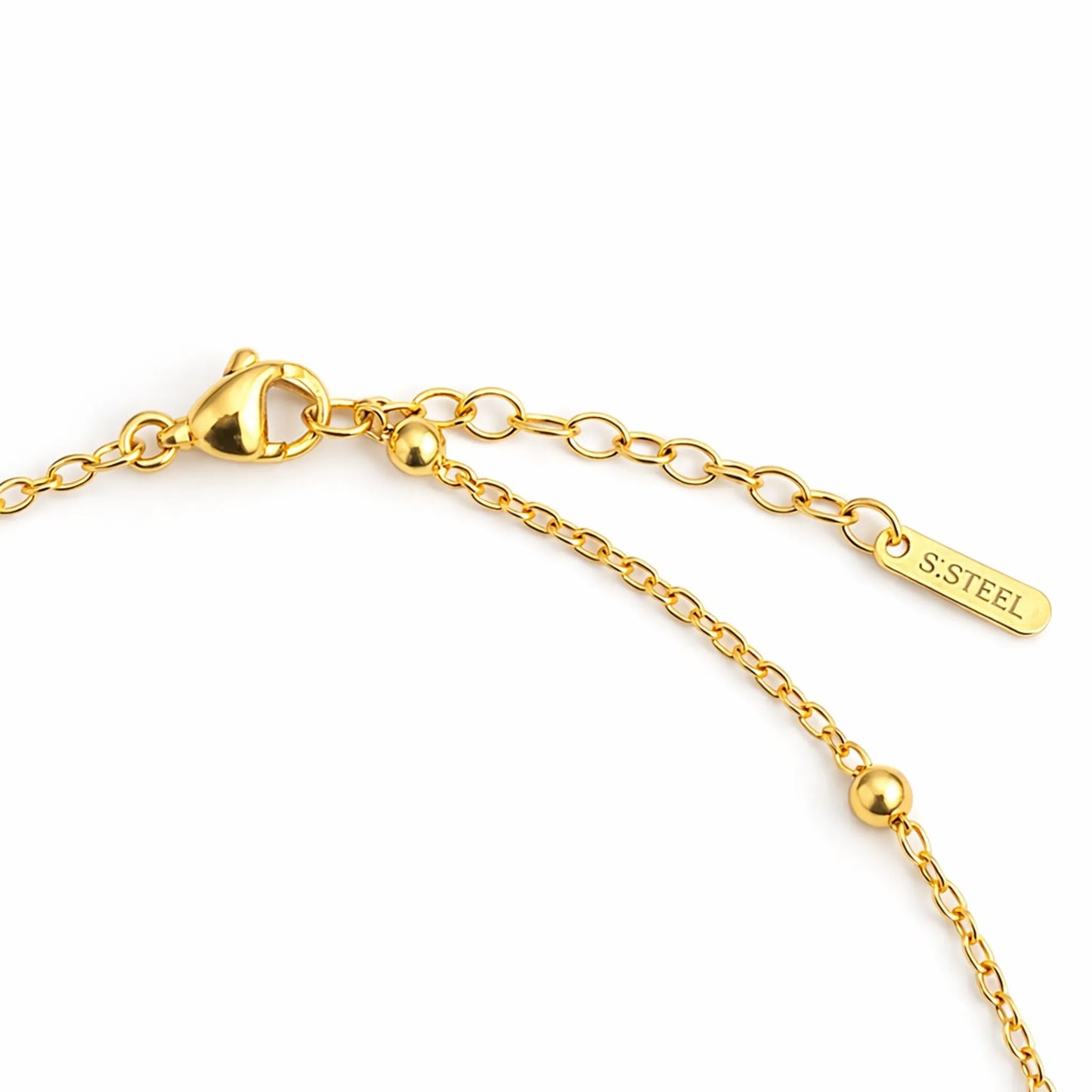 Yubiraa Final Ivory Glow Clover Necklace clasp and extension chain detail with stainless steel tag and gold plated finish”