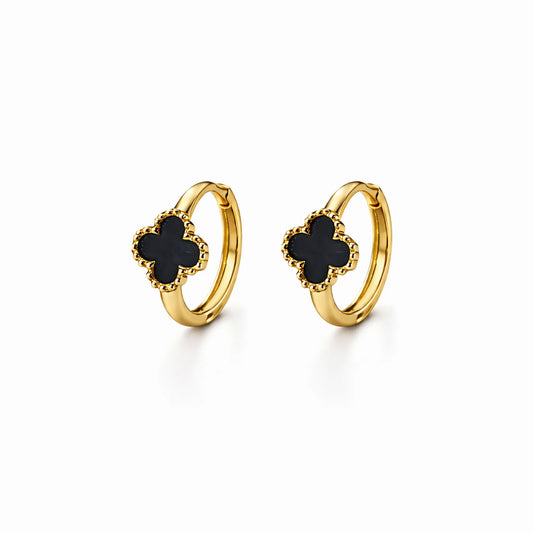 Front view of YUBIRAA Midnight Bloom hoop earrings with black clover motif and anti tarnish gold polish