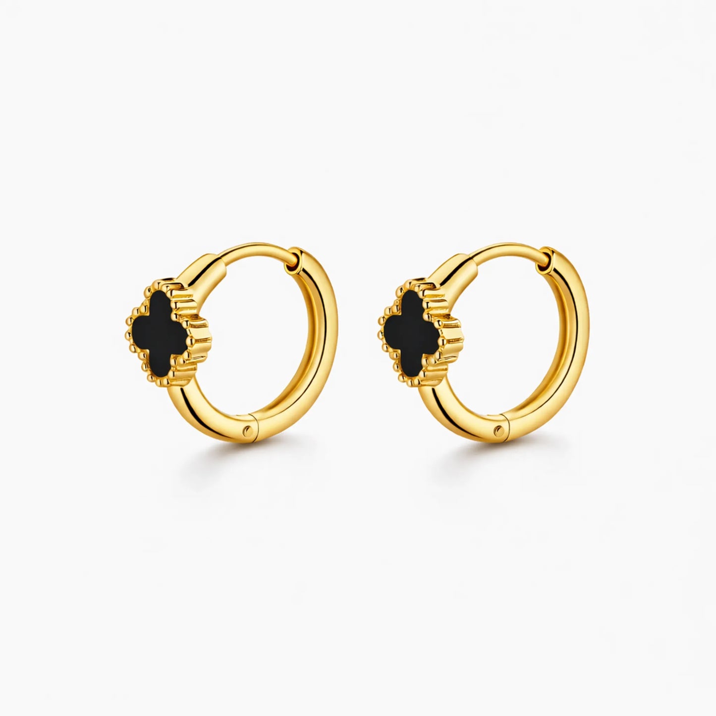 Side view of YUBIRAA anti tarnish Midnight Bloom hoop earrings highlighting black clover detailing and gold polish finish