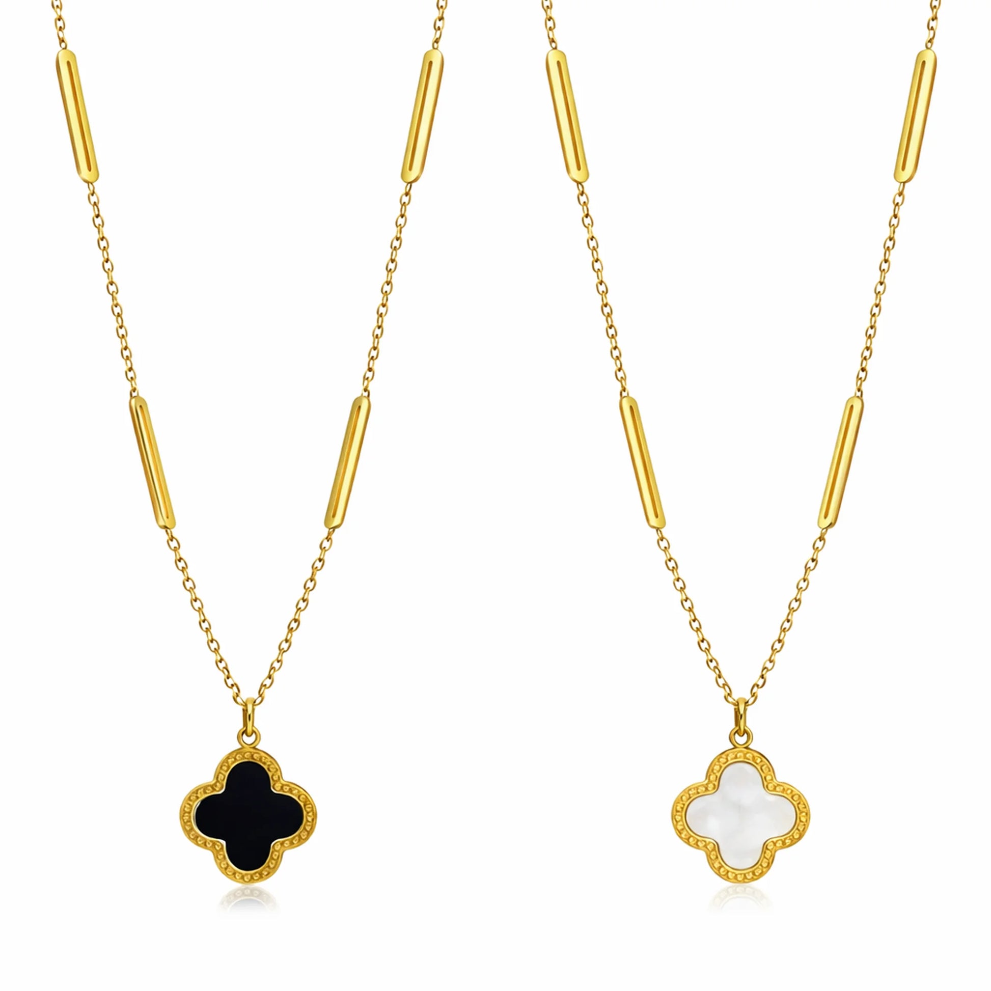 Yubiraa Final Ivory Glow Clover Necklace showing black and ivory clover pendant variants in gold plated finish