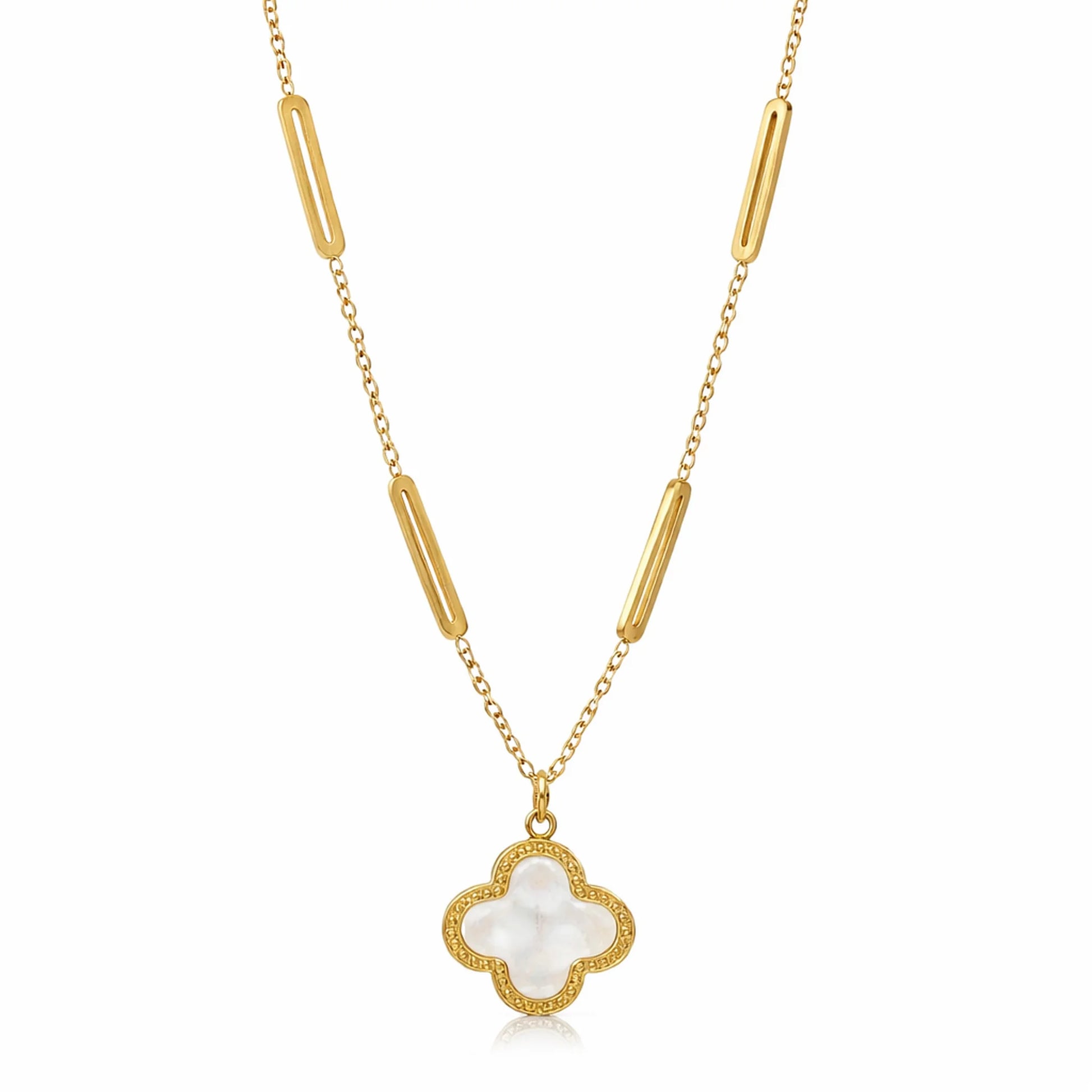 Yubiraa Final Ivory Glow Clover Necklace in anti tarnish gold plated stainless steel with ivory clover pendant on delicate chain”