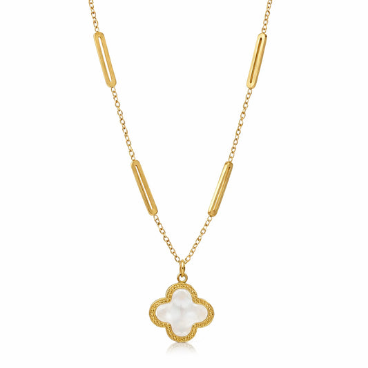 Yubiraa Final Ivory Glow Clover Necklace in anti tarnish gold plated stainless steel with ivory clover pendant on delicate chain”