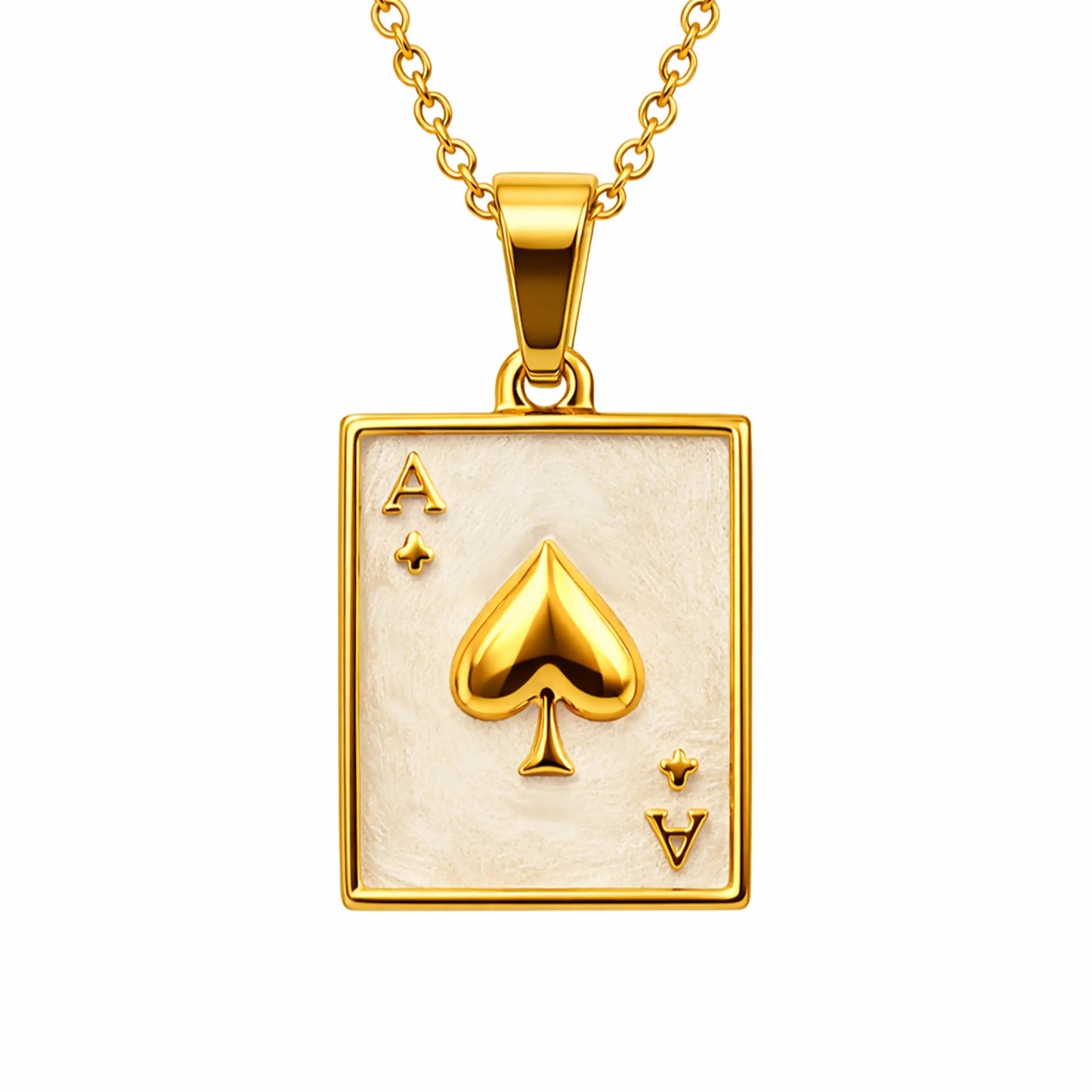 Close up of Yubiraa The Ace Edit anti tarnish gold plated necklace showing ace of spades pendant with smooth enamel finish