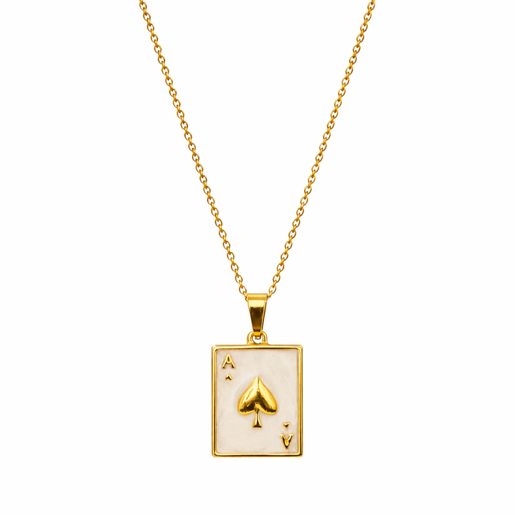 Yubiraa The Ace Edit anti tarnish gold plated necklace with ace of spades pendant, elegant playing card design front view