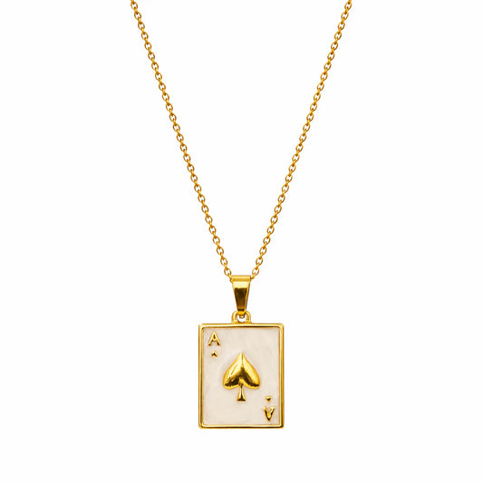 Yubiraa The Ace Edit anti tarnish gold plated necklace with ace of spades pendant, elegant playing card design front view