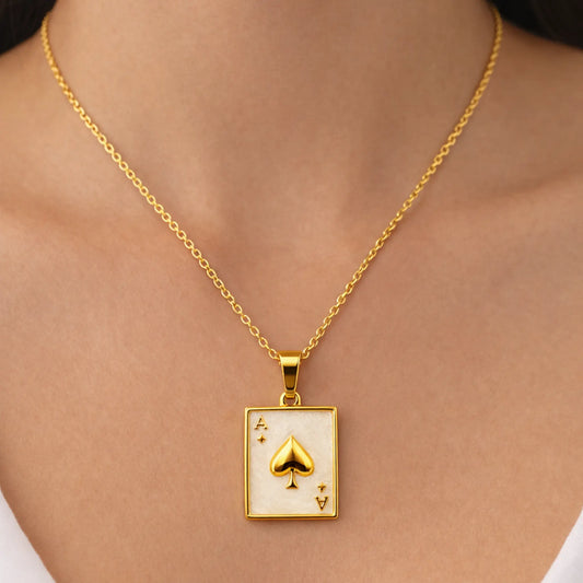 Yubiraa The Ace Edit anti tarnish gold plated necklace worn by model, minimalist ace pendant necklace for everyday wear