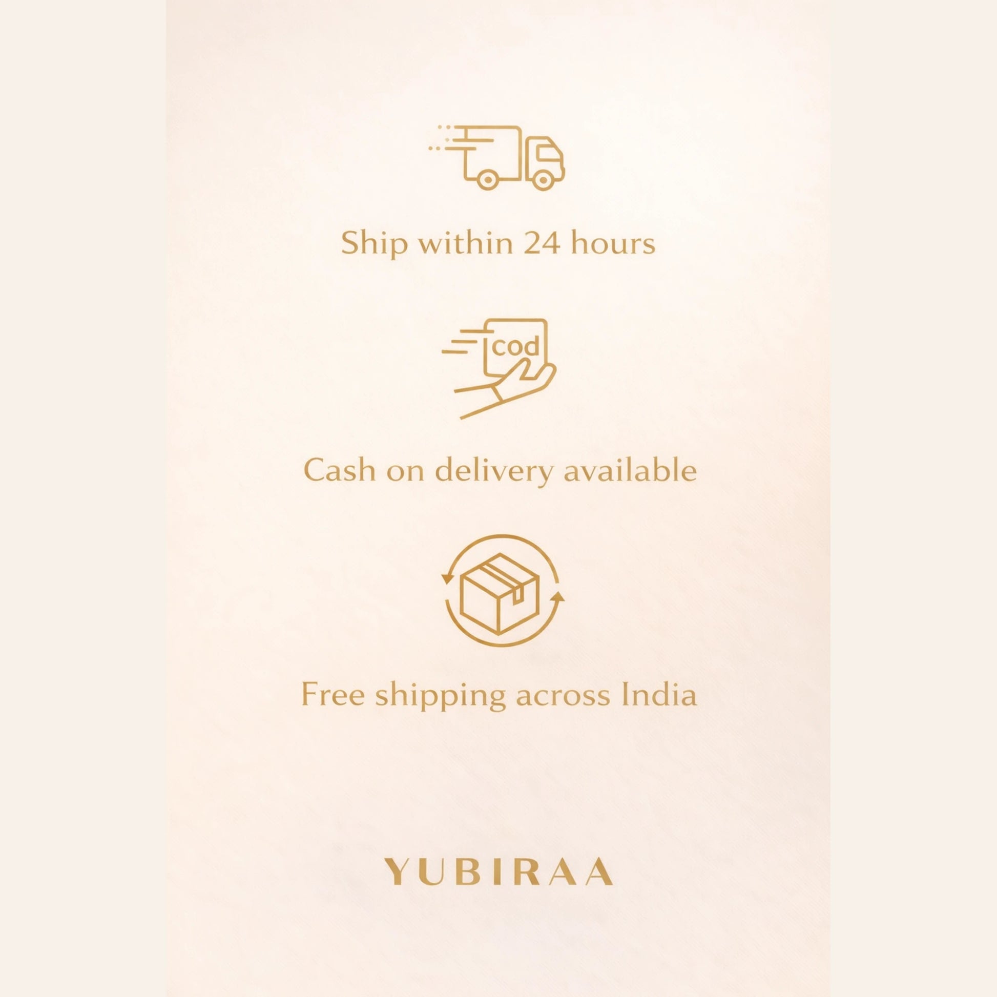 Promotional graphic for YUBIRAA with shipping and delivery options on a beige background.
