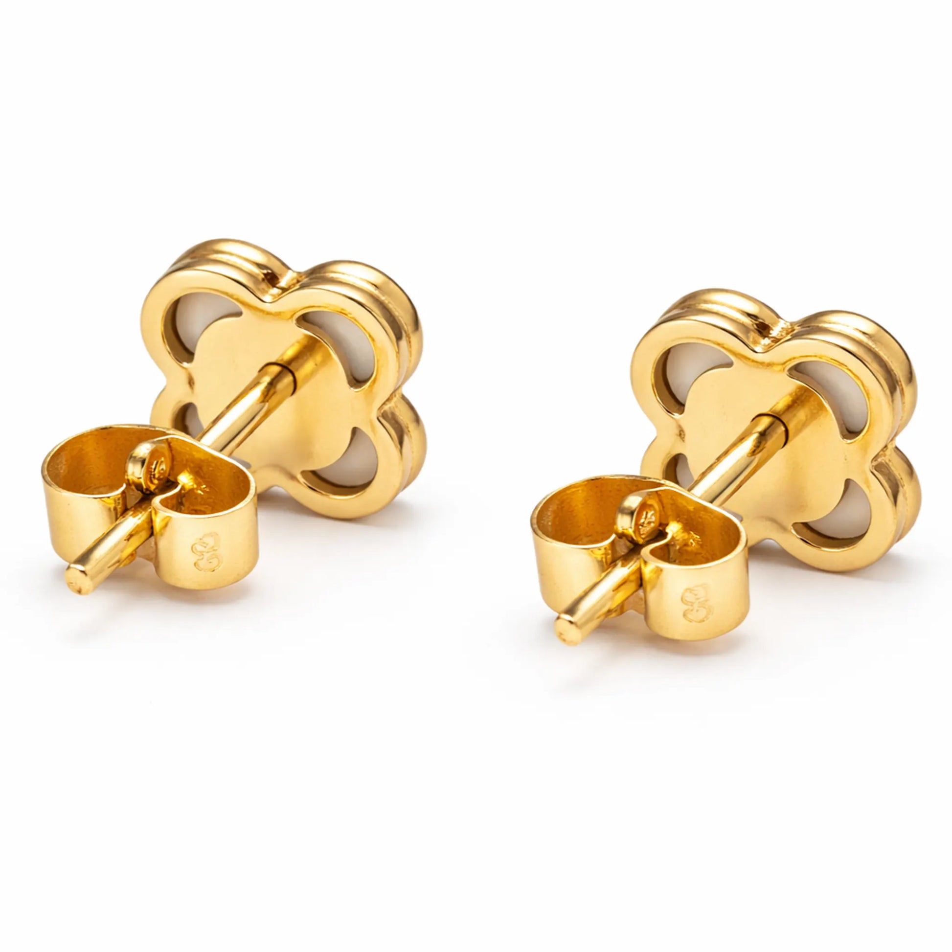 Back view of Yubiraa white clover stud earrings with stainless steel post and secure push back closure