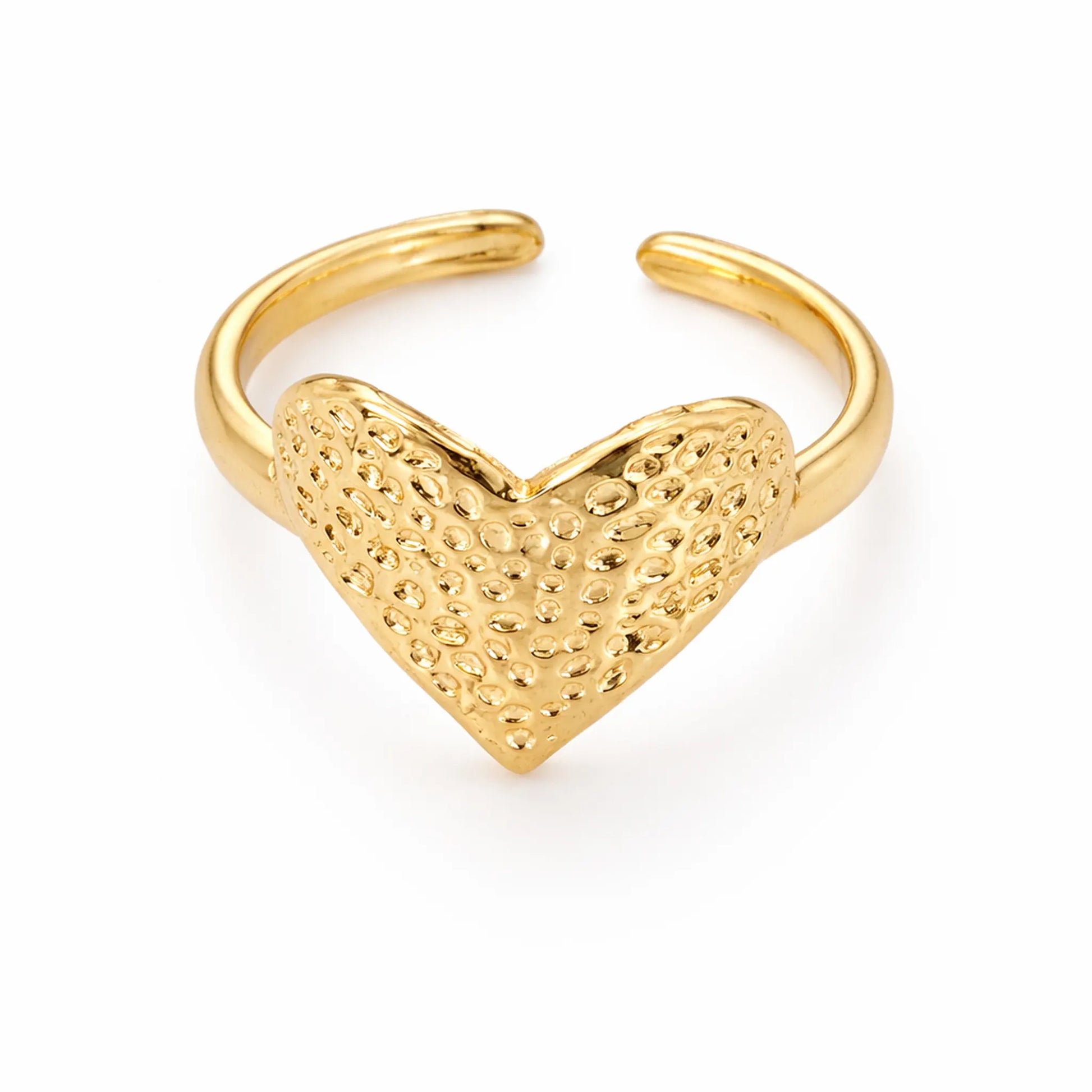 Gold adjustable heart ring with open band and textured heart design on white background