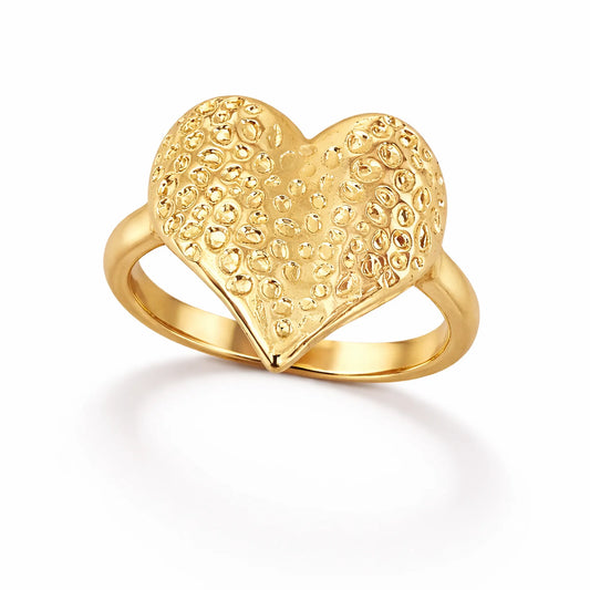 Gold textured heart adjustable ring on white background